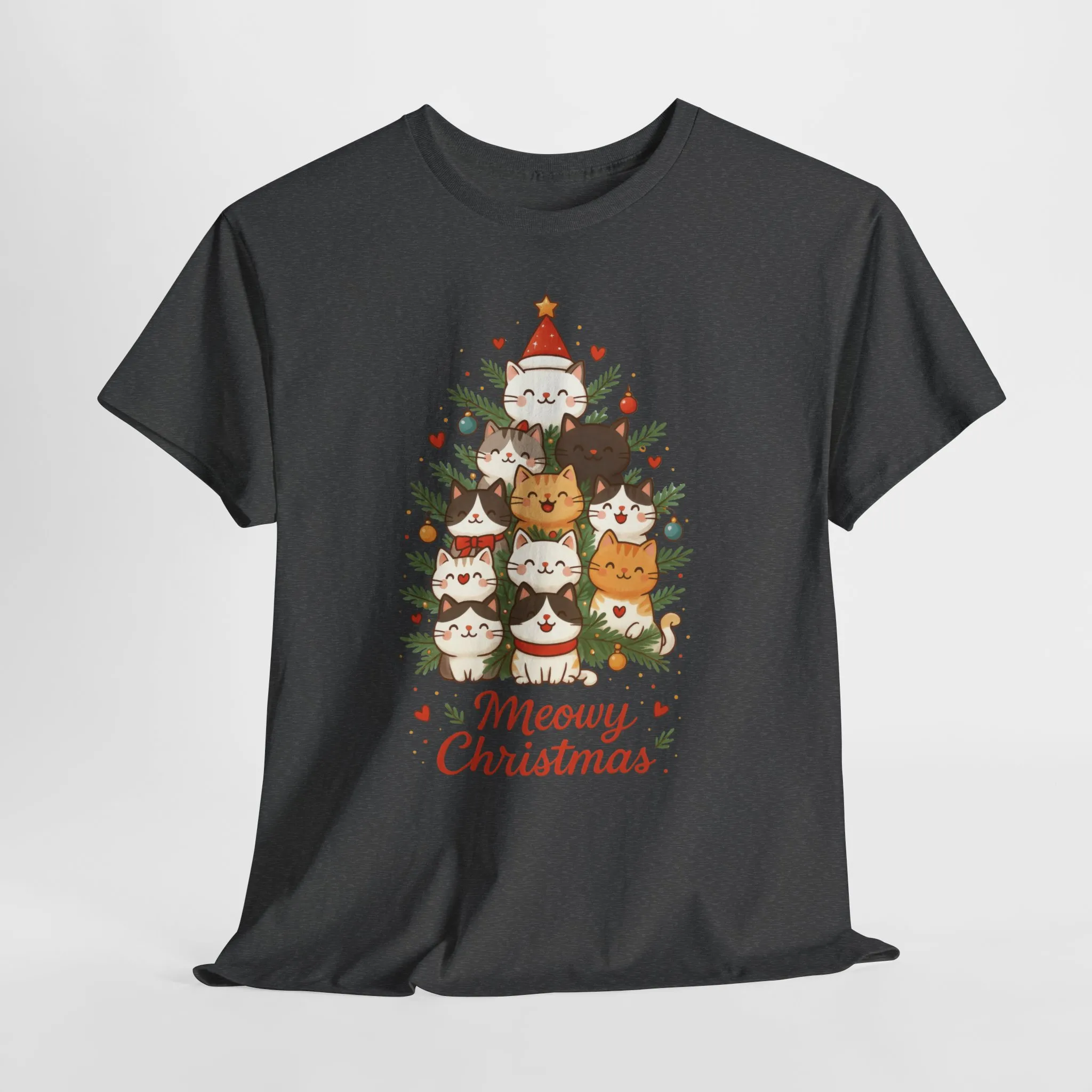 Women's Meowy Christmas Cat T-Shirt, Cute Holiday Kitty Tree Tee - Image 13