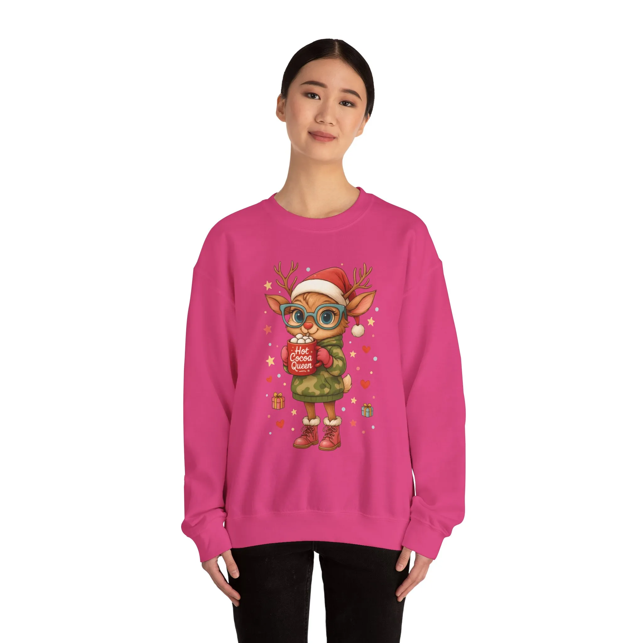 Hot Cocoa Queen Christmas Women's Sweatshirt, Cute Cozy Holiday Reindeer Pullover - Image 23