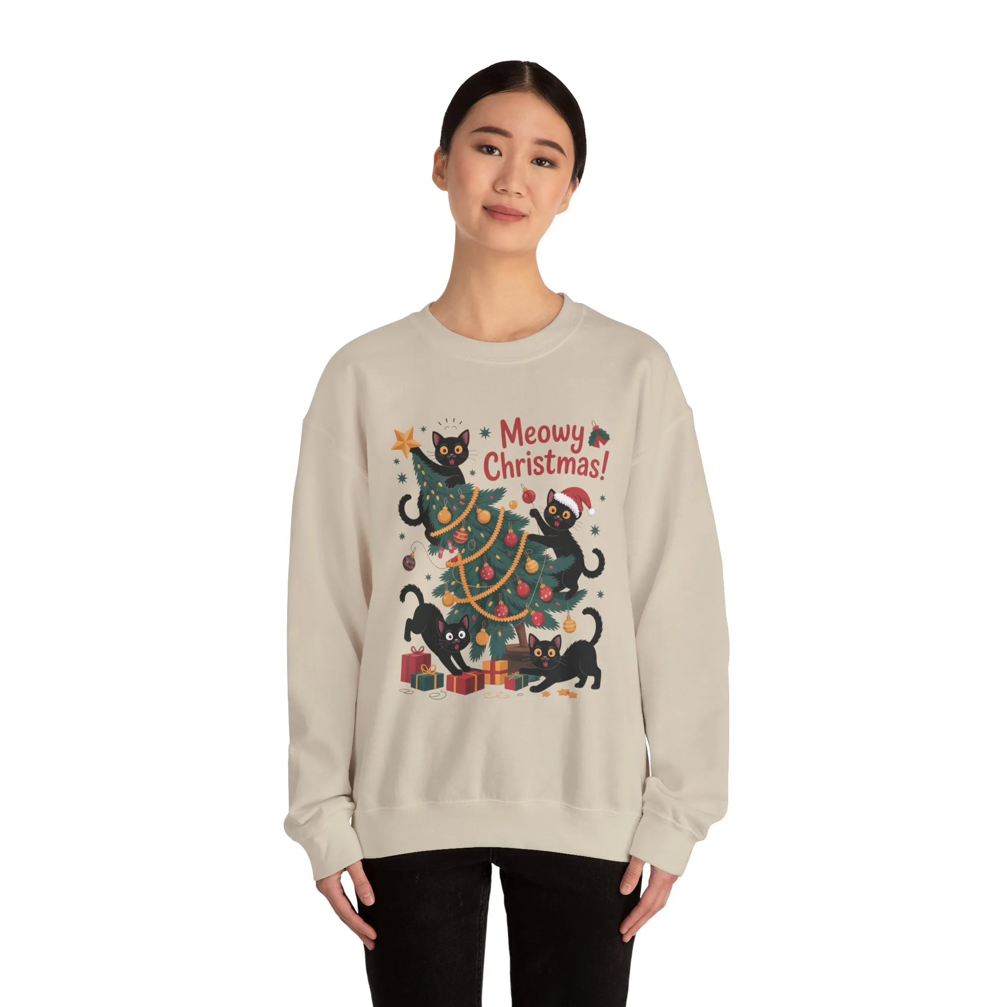 Black Cats Christmas Tree Sweatshirt, Funny Cat Lover Holiday Sweater, Cute Christmas Cat Chaos Jumper - Image 5