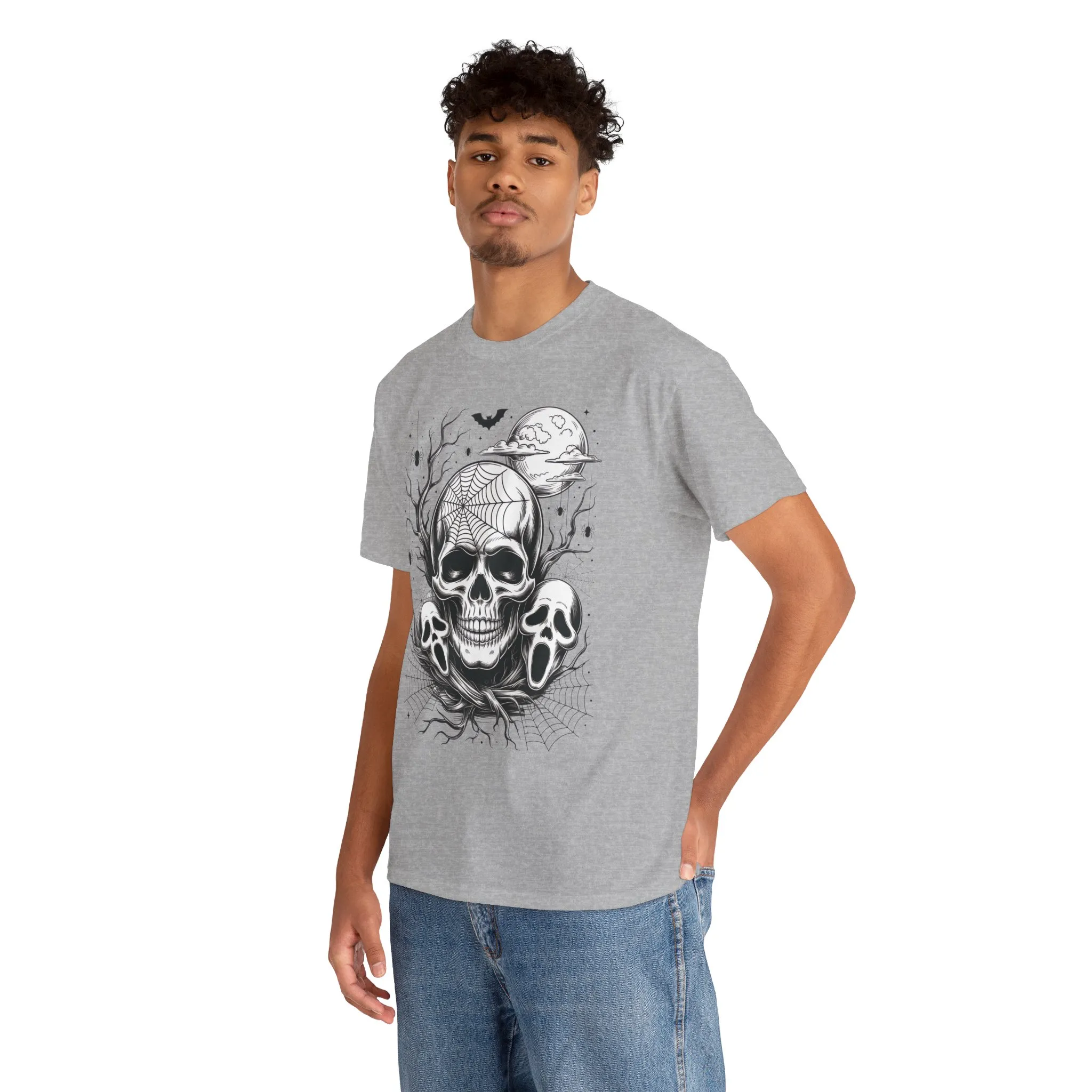 Men's Gothic Skull T-Shirt, Halloween Graphic Tee, Spider Web Moon Horror Shirt, Spooky Skull Graphic Top for Him - Image 9
