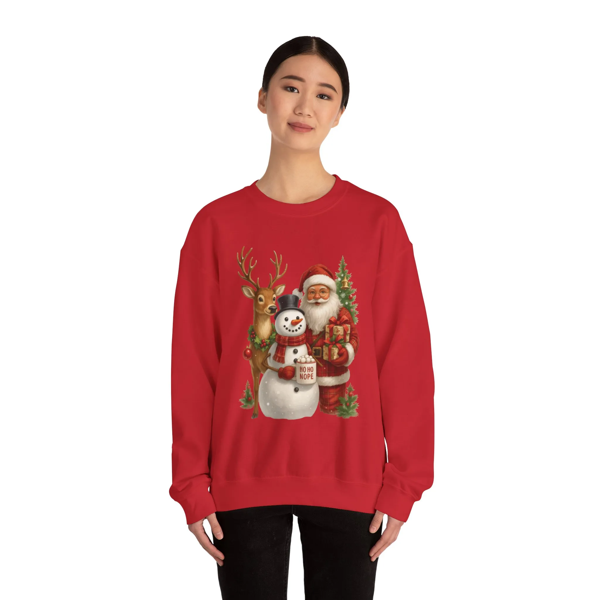 Santa, Snowman - Reindeer Christmas Sweatshirt, Funny Ho Ho Nope Holiday Sweater, Cute Vintage Christmas Jumper for Women - Image 26