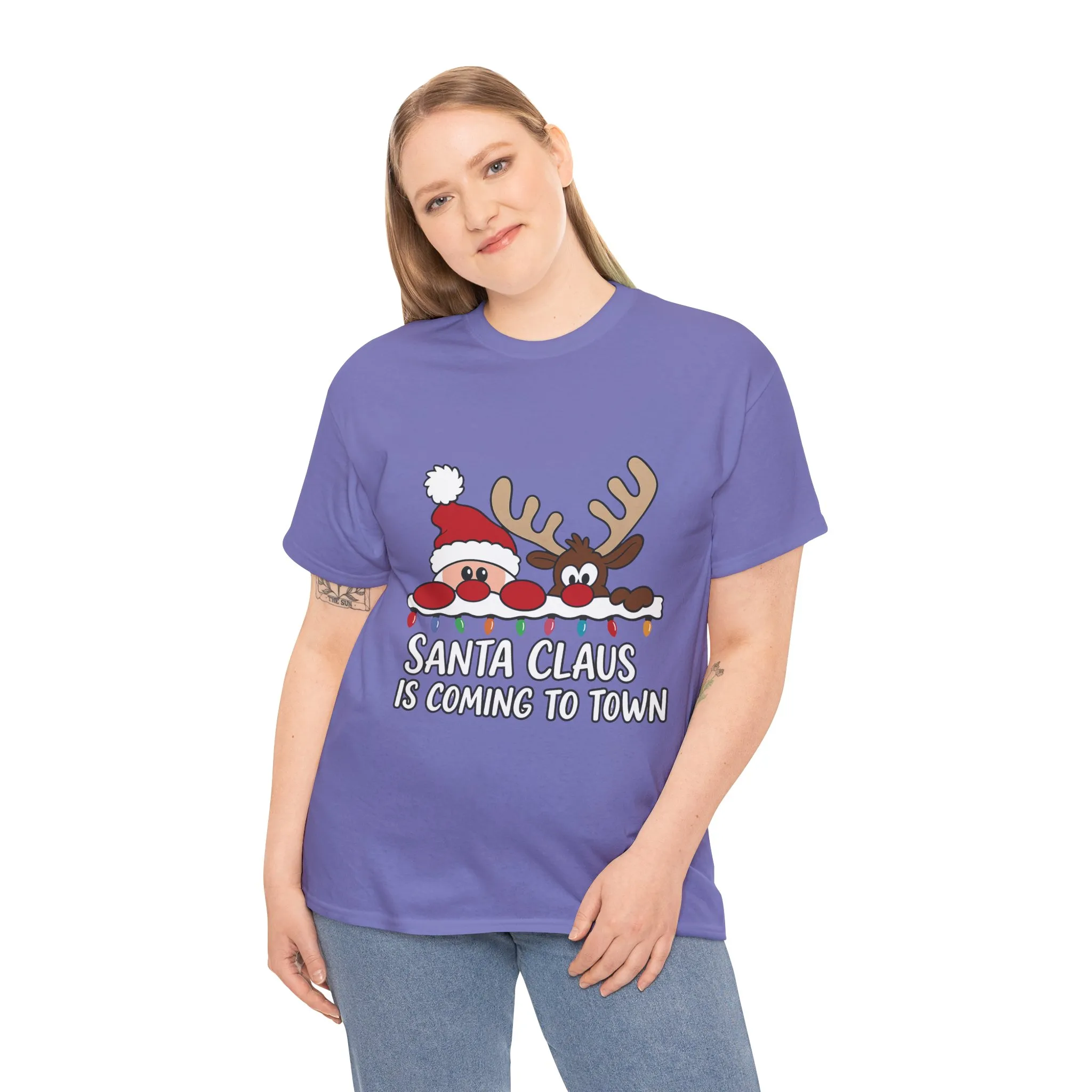 Santa Claus Is Coming to Town Women's Christmas T-Shirt, Cute Santa - Reindeer Holiday Tee - Image 3