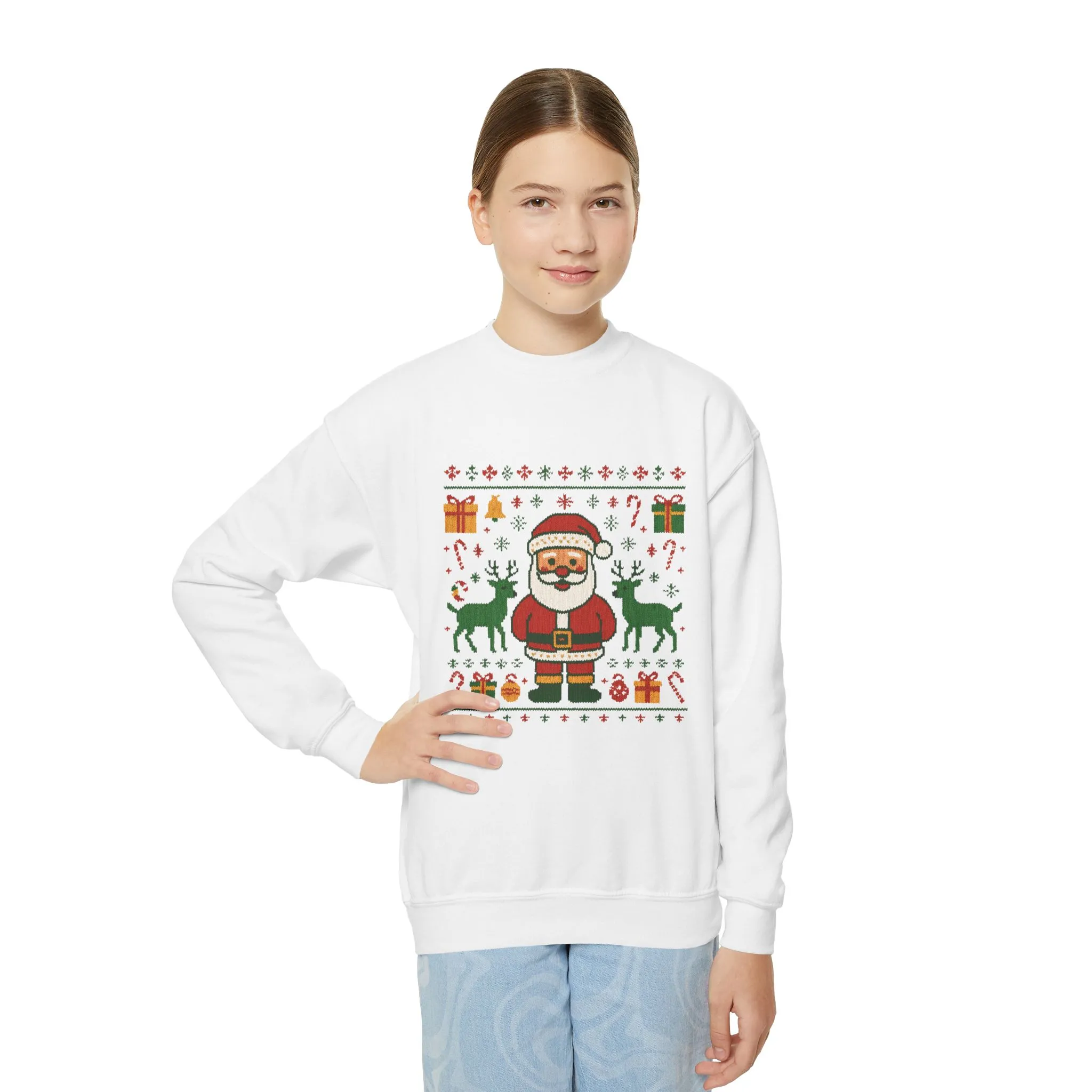 Kids Santa Christmas Shirt, Cute Knit Pattern Holiday Sweatshirt, Youth Crewneck Sweatshirt - Image 2