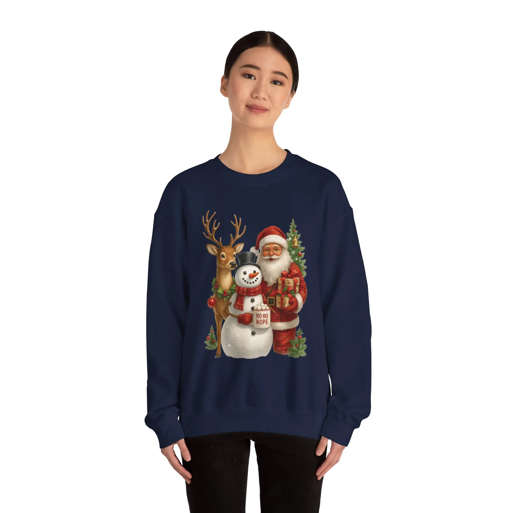 Santa, Snowman - Reindeer Christmas Sweatshirt, Funny Ho Ho Nope Holiday Sweater, Cute Vintage Christmas Jumper for Women - Image 17