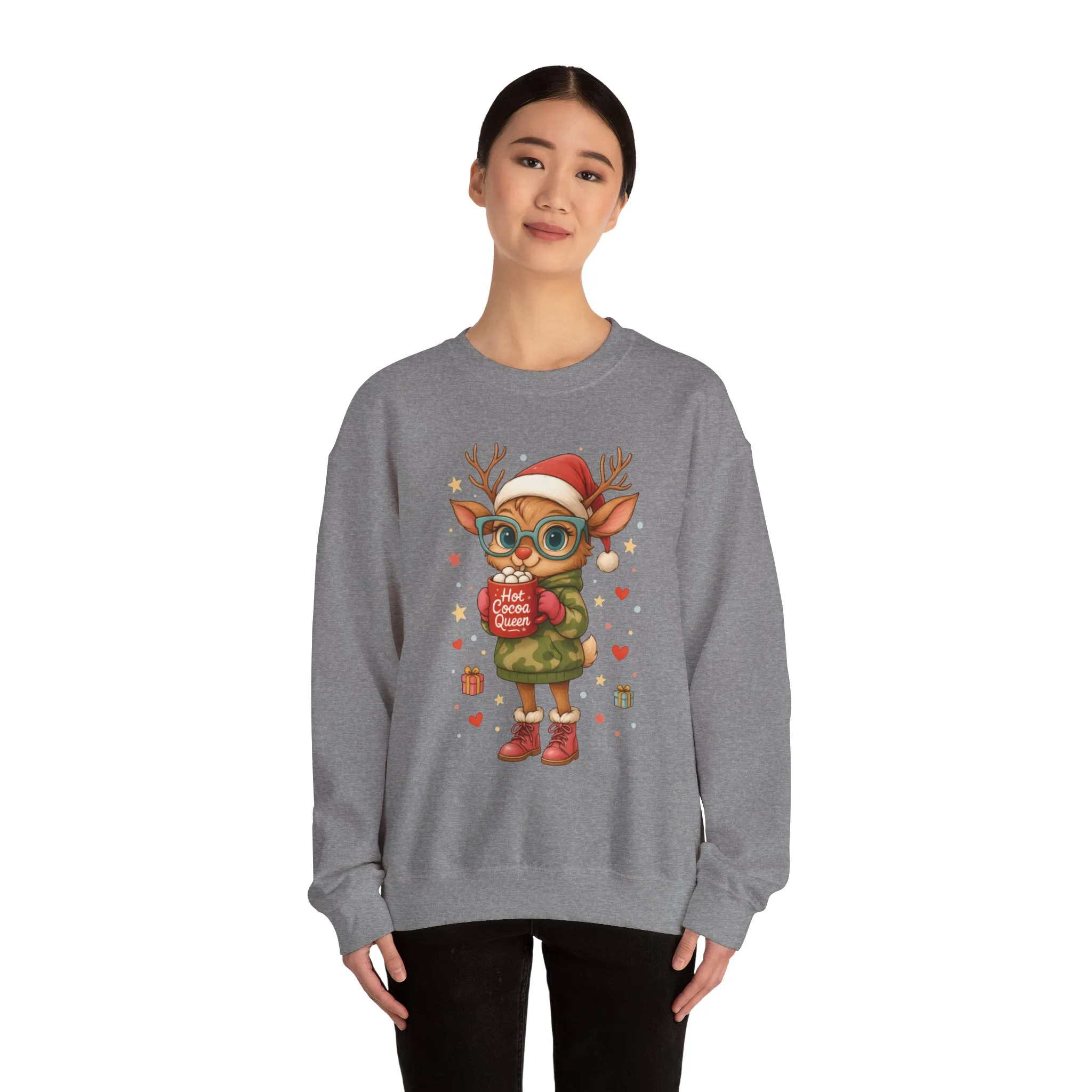 Hot Cocoa Queen Christmas Women's Sweatshirt, Cute Cozy Holiday Reindeer Pullover - Image 8