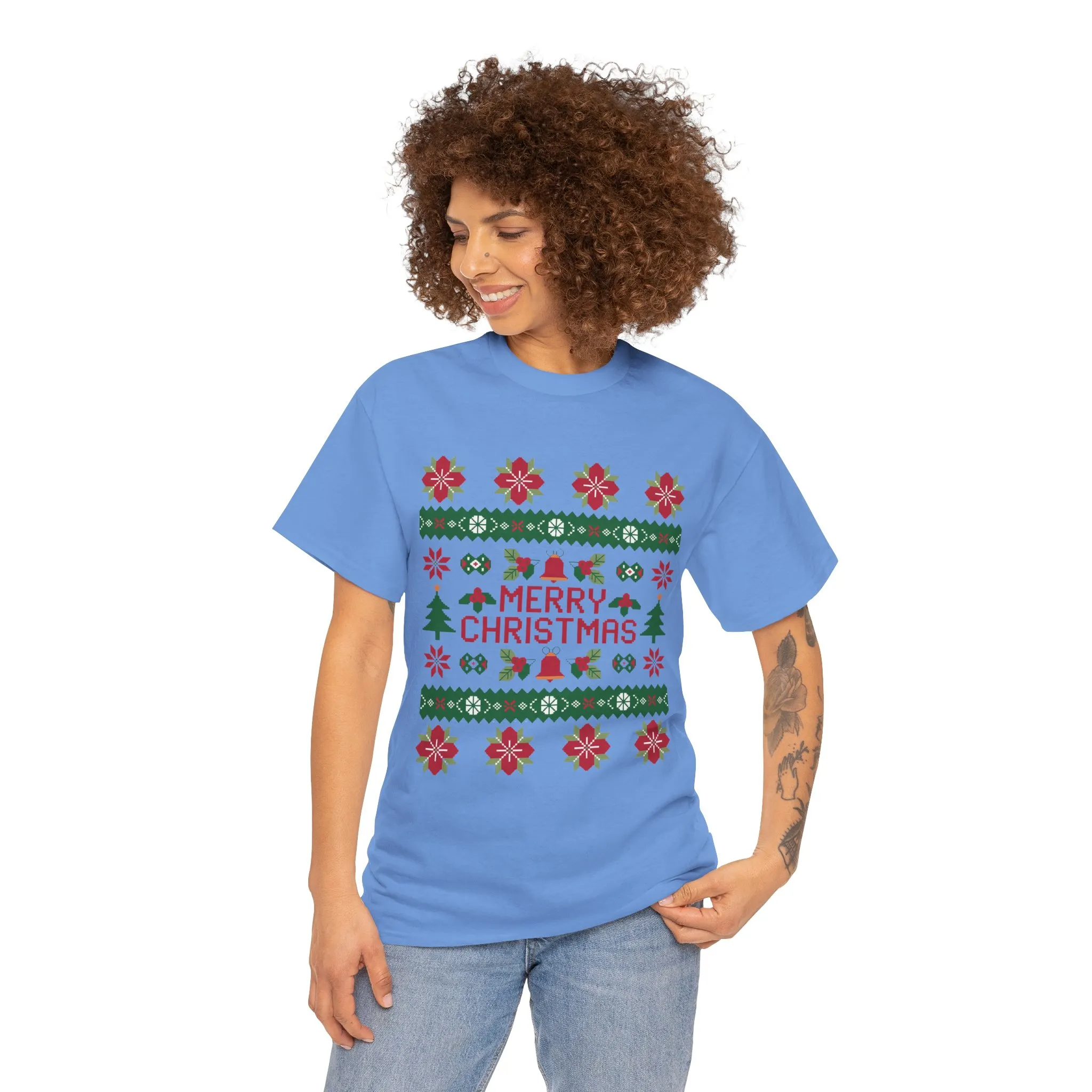 Merry Christmas Women's T-Shirt, Festive Ugly Sweater Style Tee, Classic Holiday Knit Pattern Shirt - Image 20