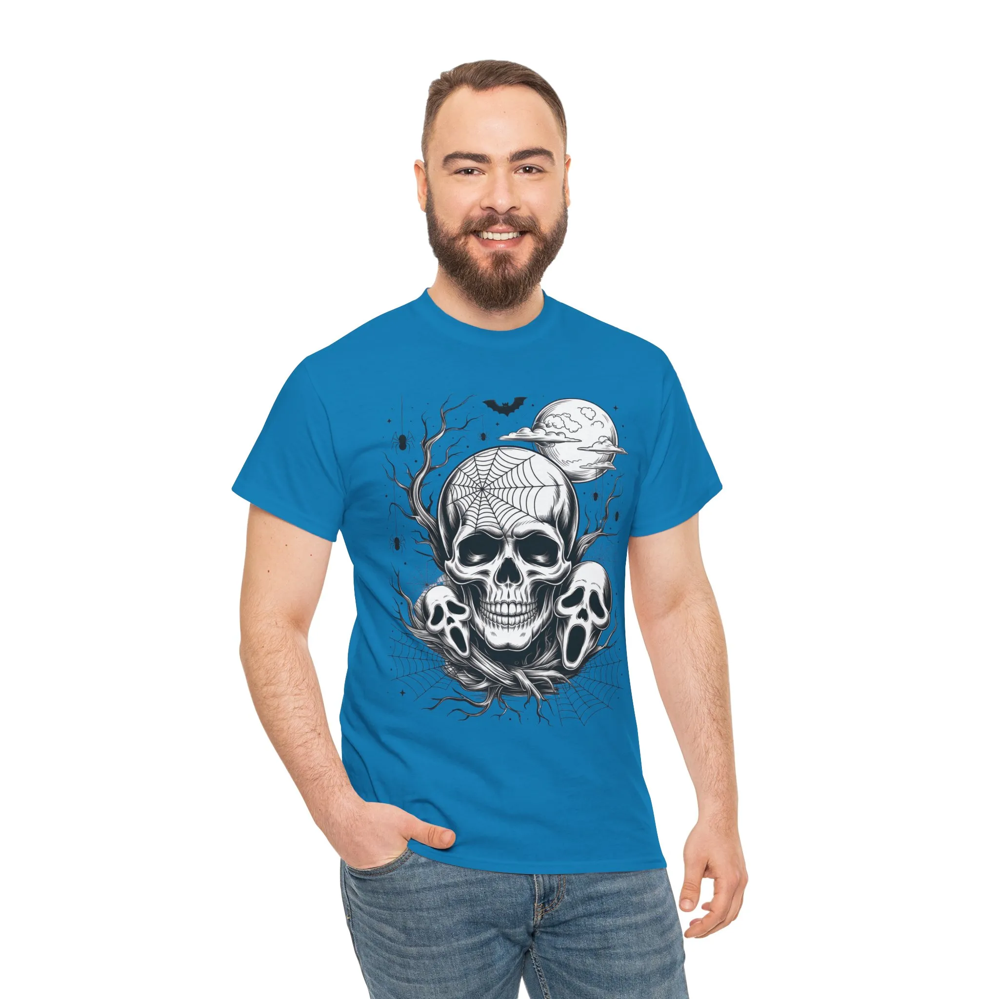 Men's Gothic Skull T-Shirt, Halloween Graphic Tee, Spider Web Moon Horror Shirt, Spooky Skull Graphic Top for Him - Image 20