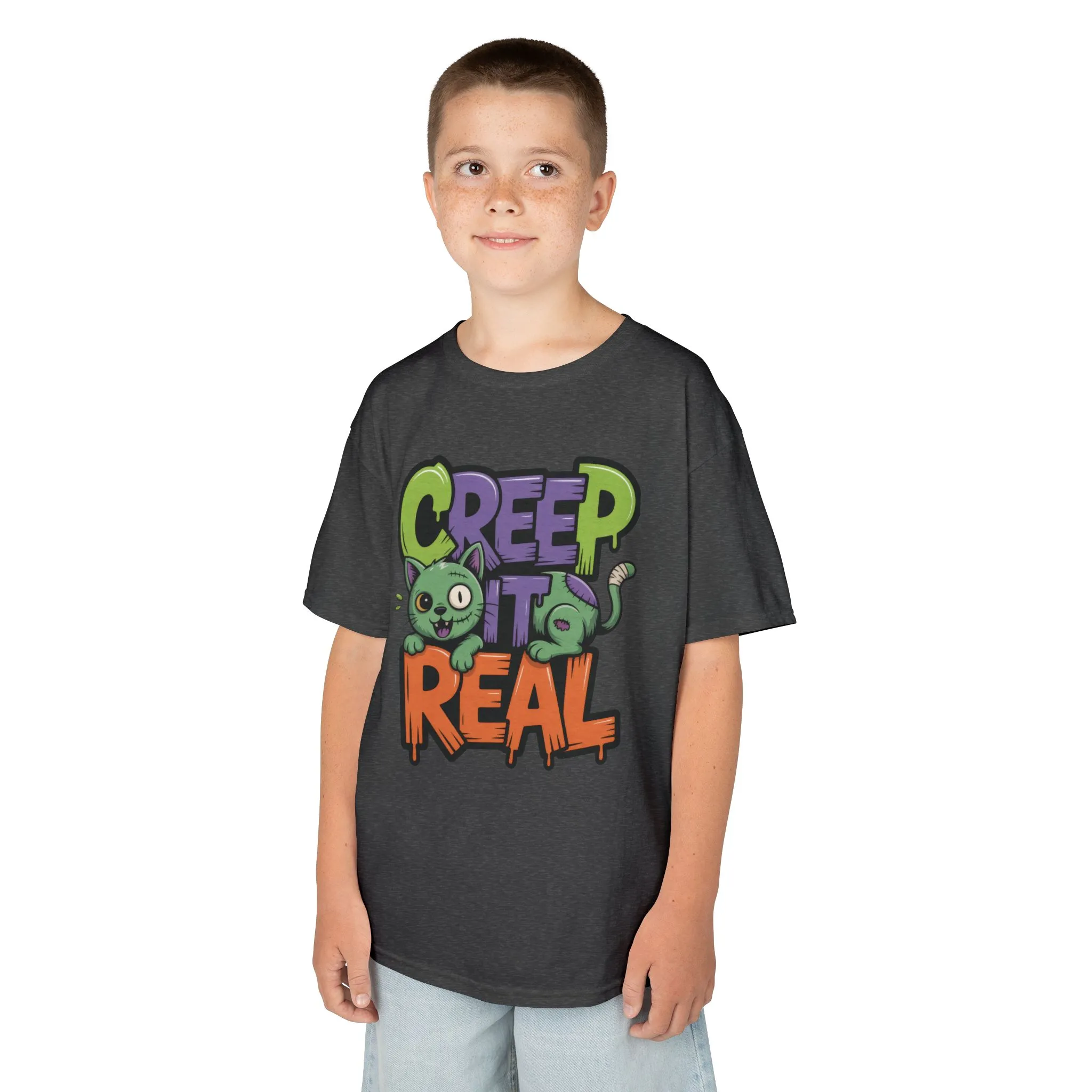 Creep It Real Kids Halloween Shirt, Cute Zombie Cat Graffiti Style T-Shirt for Boys & Girls - Image 3