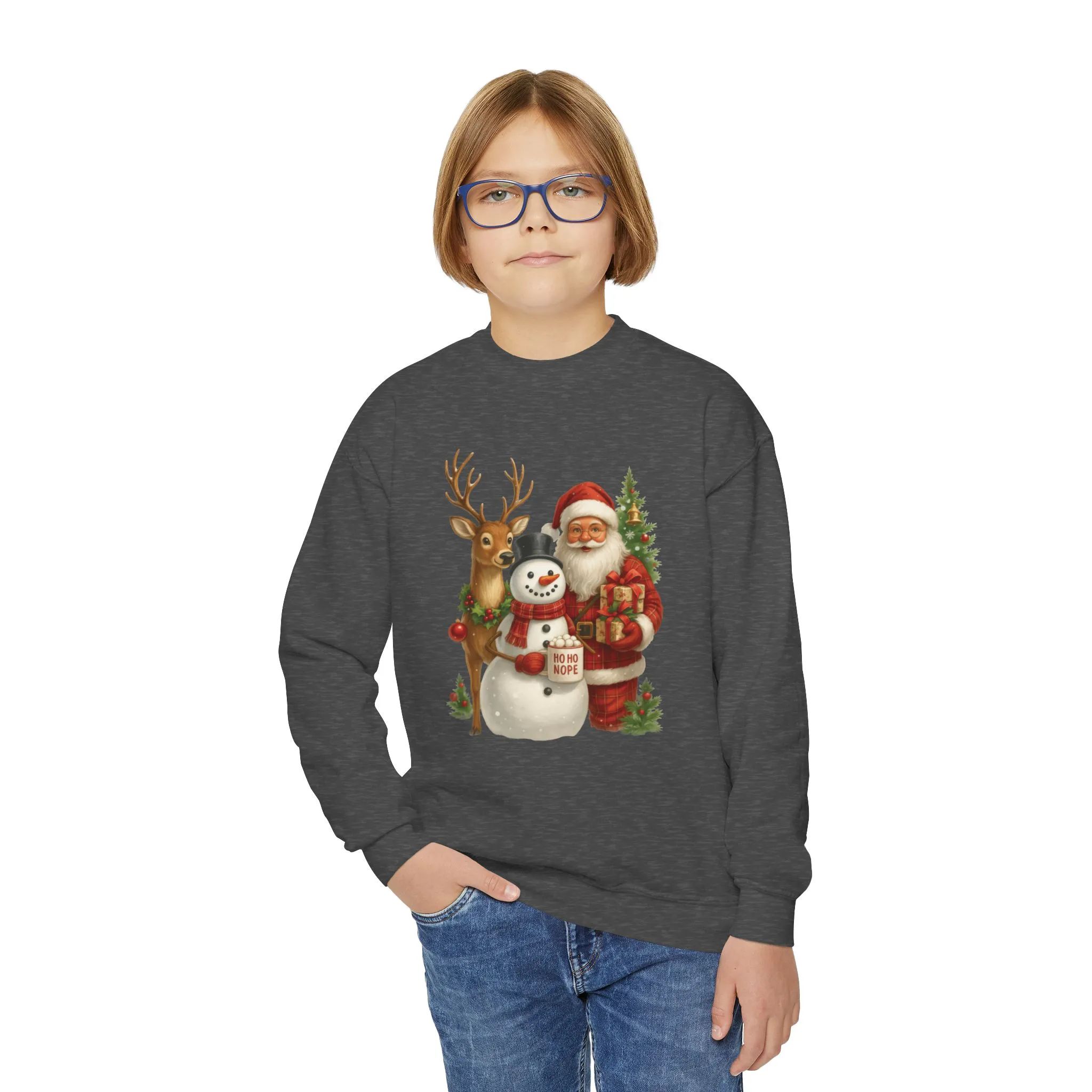 Kids Santa, Snowman - Reindeer Christmas Sweatshirt, Cute Ho Ho Nope Holiday Jumper, Funny Santa Sweater for Girls - Image 14