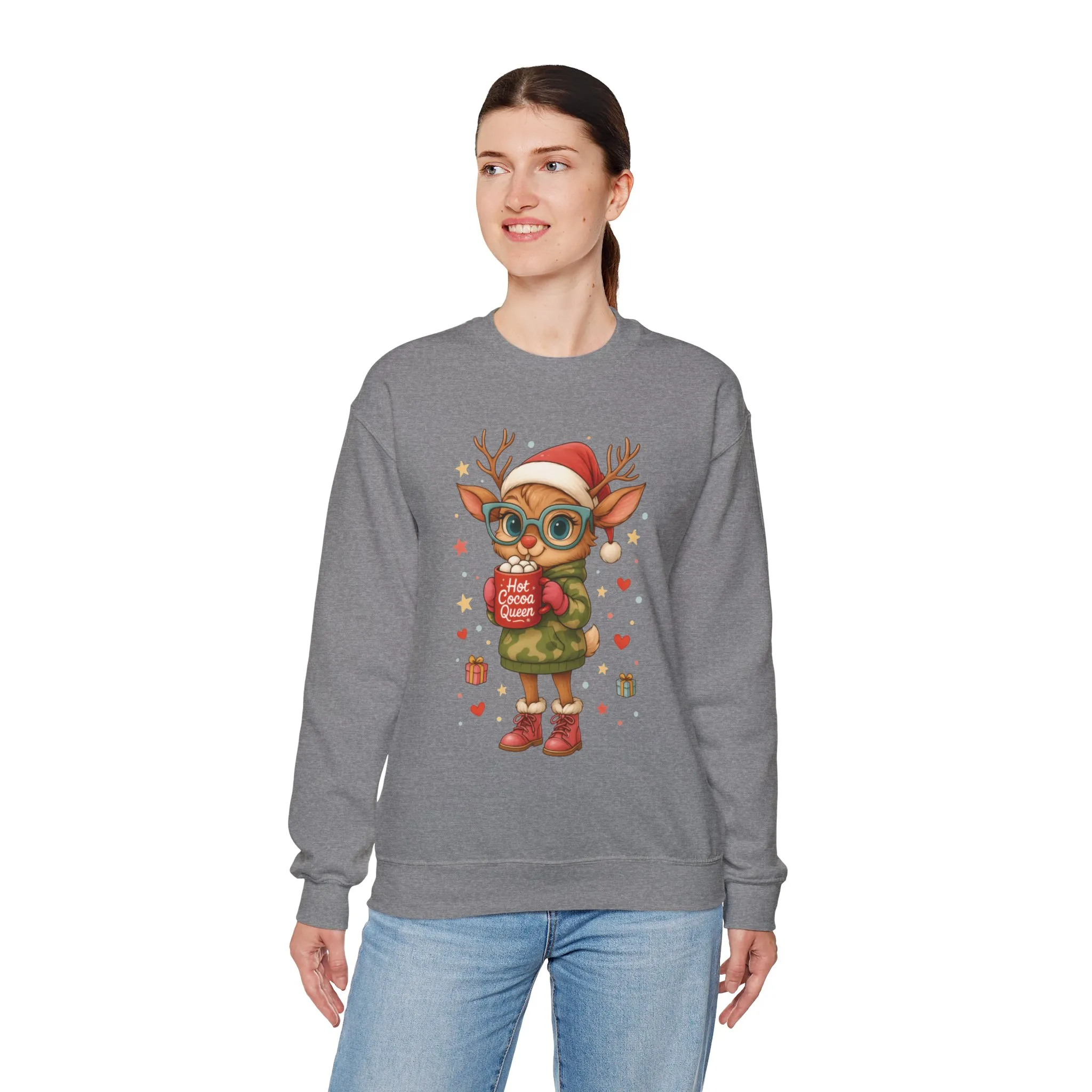 Hot Cocoa Queen Christmas Women's Sweatshirt, Cute Cozy Holiday Reindeer Pullover - Image 9