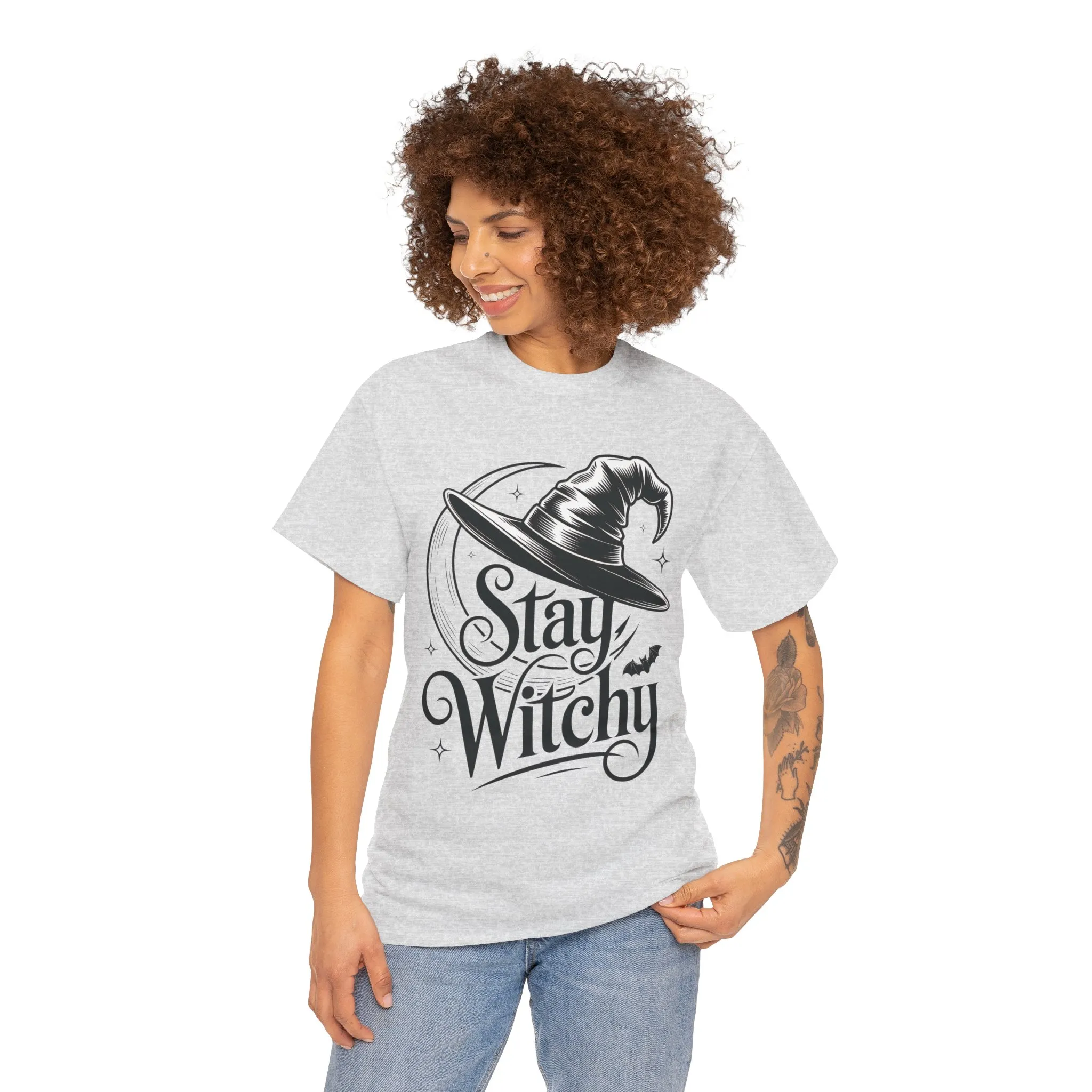 Stay Witchy Gothic Moon Witch Hat Women's T-Shirt, Minimalist Halloween Witchy Graphic Tee - Image 8