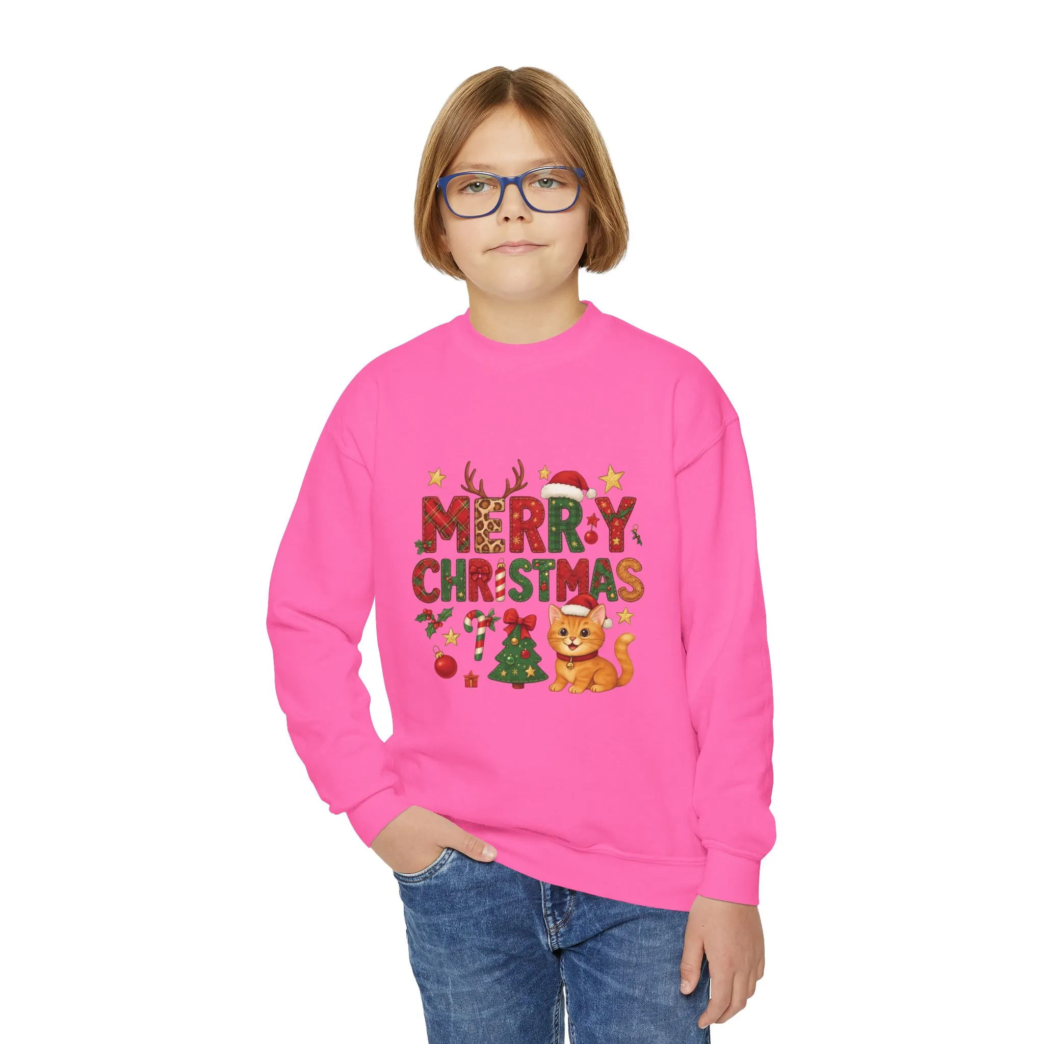 Merry Christmas Cat Sweatshirt for Girls, Cozy Holiday Kitten Jumper, Youth Crewneck Sweatshirt - Image 21