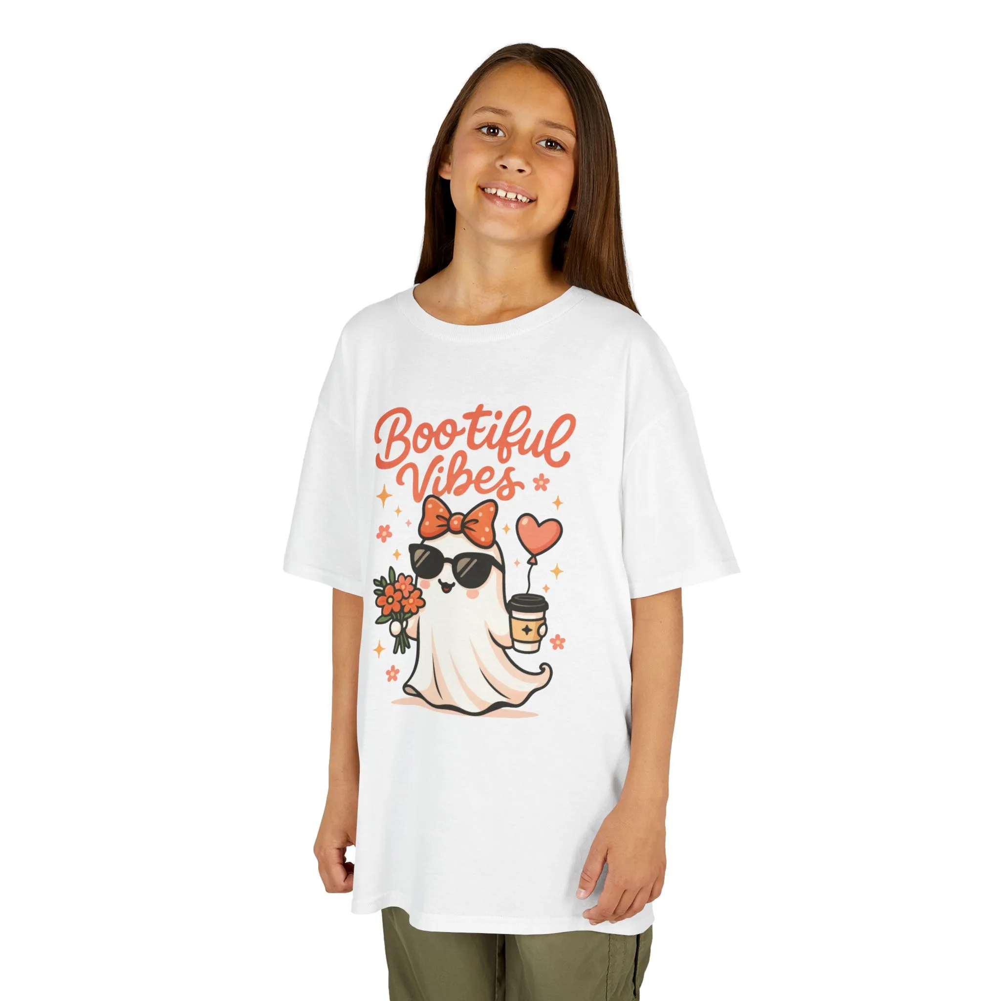 Girls Halloween Ghost T-Shirt, Cute Bootiful Vibes Tee for Kids, Fun Spooky Season Shirt, Tween Girl Outfit Gift, Kids Heavy Cotton™ Tee - Image 4