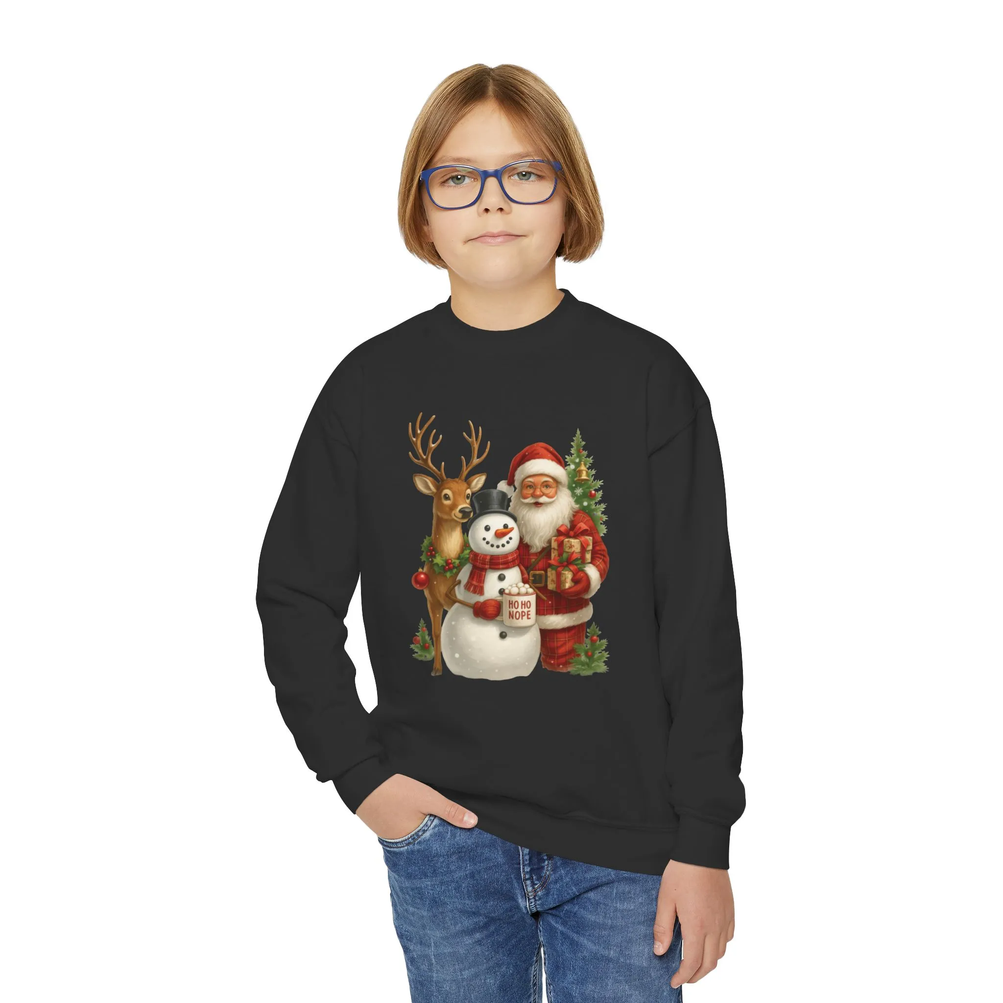 Kids Santa, Snowman - Reindeer Christmas Sweatshirt, Cute Ho Ho Nope Holiday Jumper, Funny Santa Sweater for Girls - Image 8