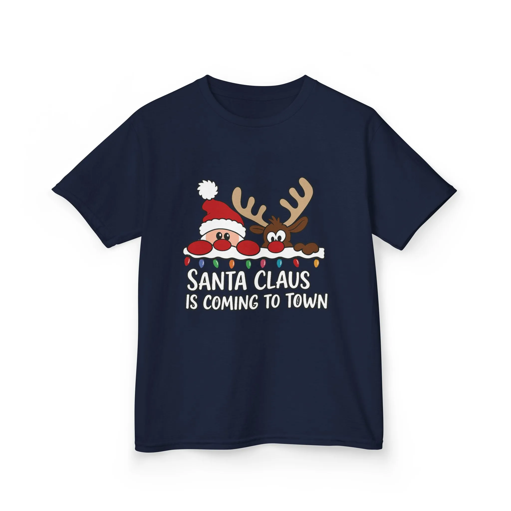 Santa Claus Is Coming to Town Kids Christmas T-Shirt, Cute Reindeer - Santa Holiday Tee - Image 2