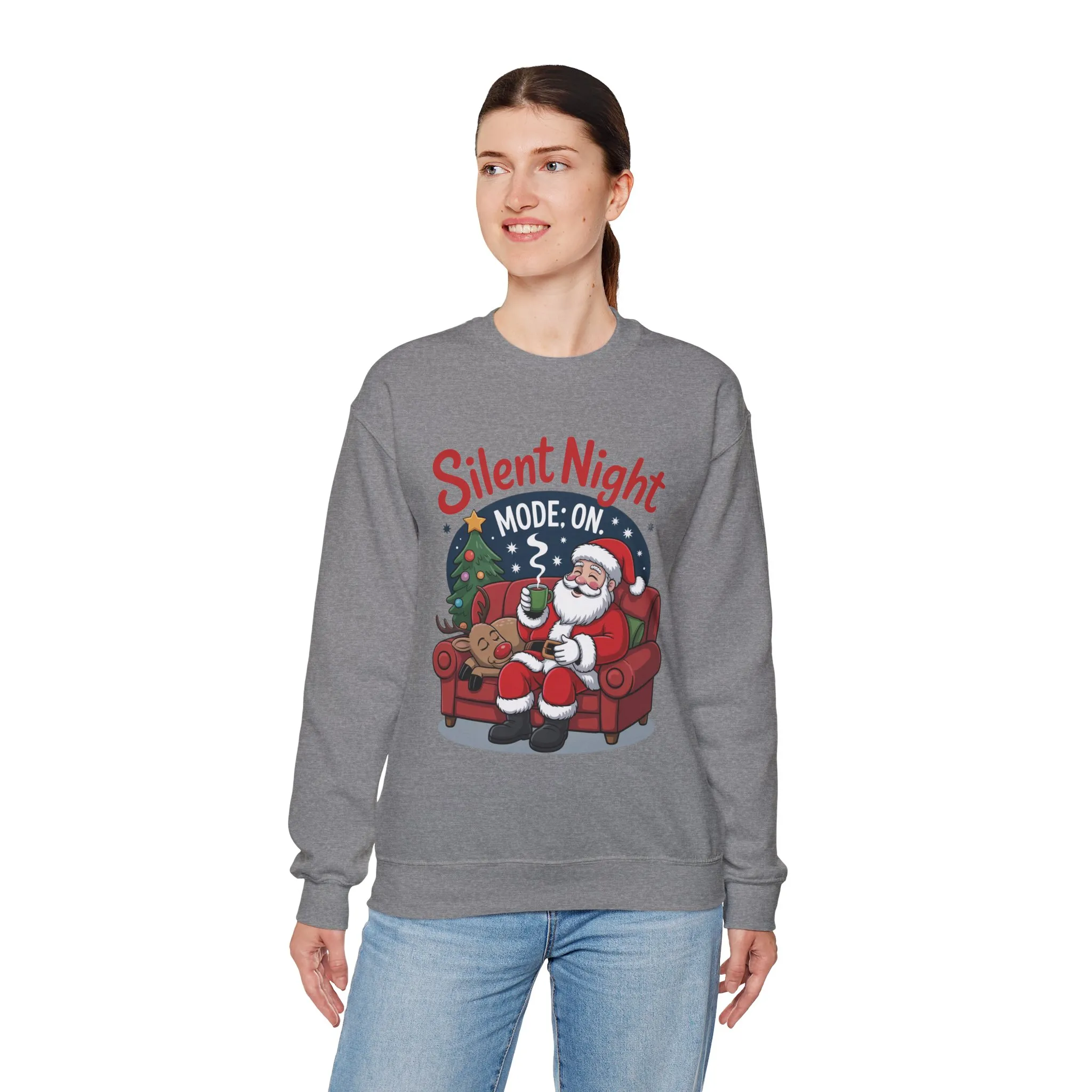 Silent Night Mode On Christmas Sweatshirt, Funny Relaxed Santa - Reindeer Sweater, Cozy Holiday Jumper for Women - Image 15