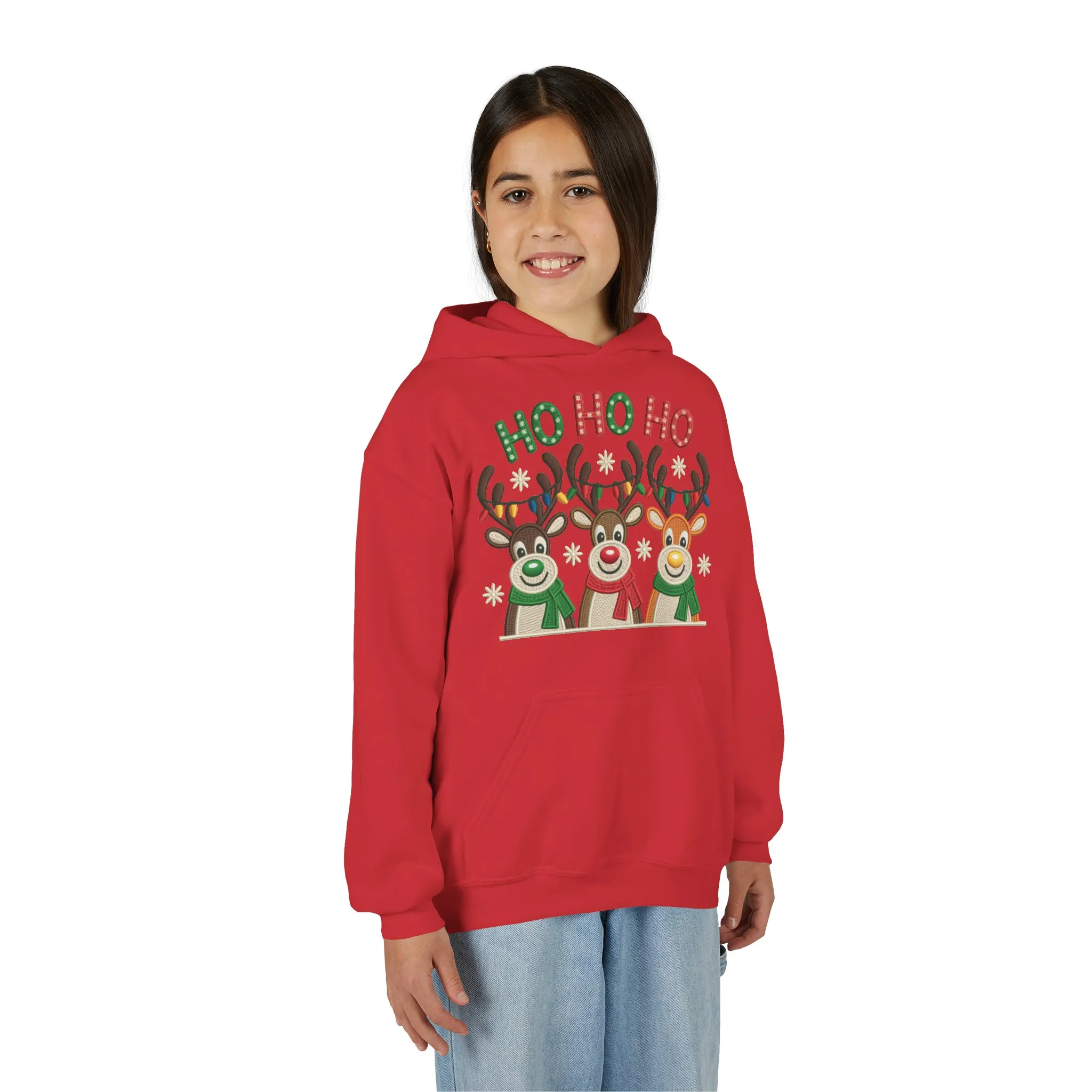Ho Ho Ho Reindeer Hoodie for Girls, Cute Christmas Holiday Kids Pullover, Youth Hooded Sweatshirt - Image 3