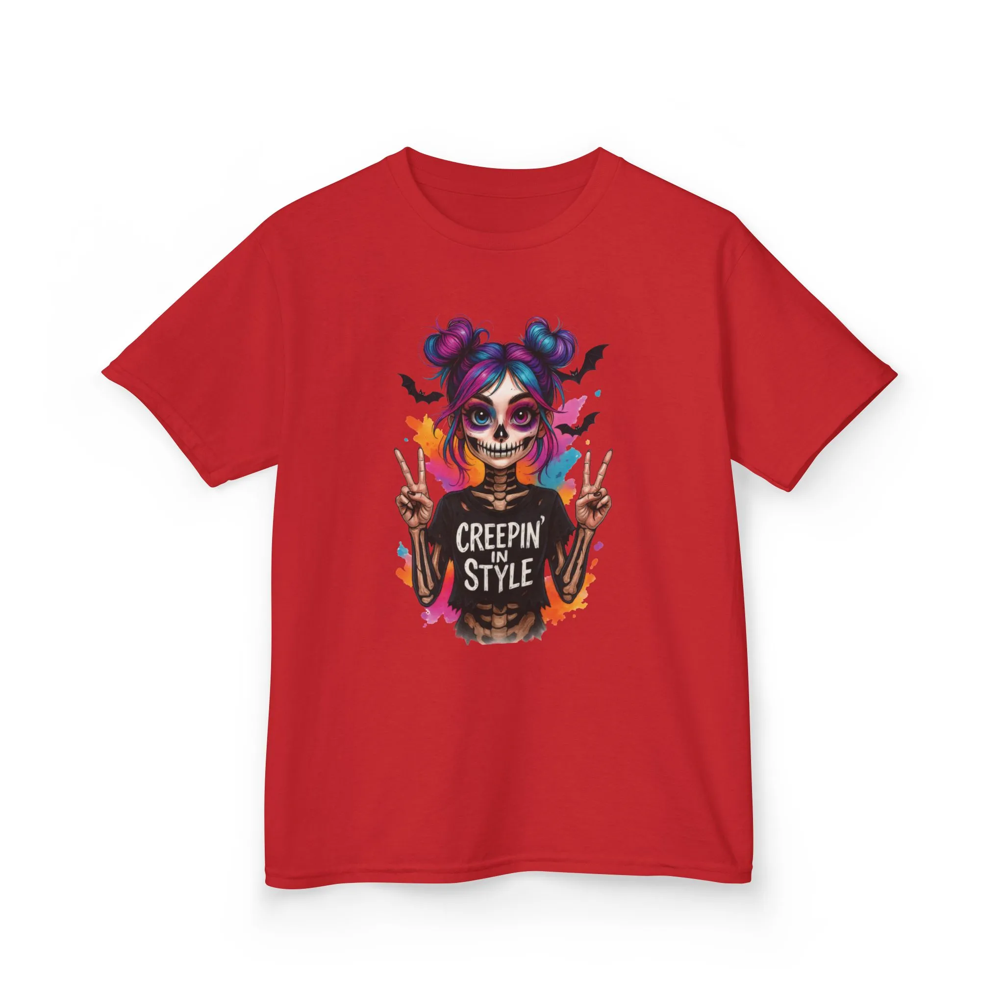 Creepin' in Style Kids Halloween T-Shirt, Colorful Skeleton Girl Design, Cute Spooky Shirt for Trendy Girls - Image 17