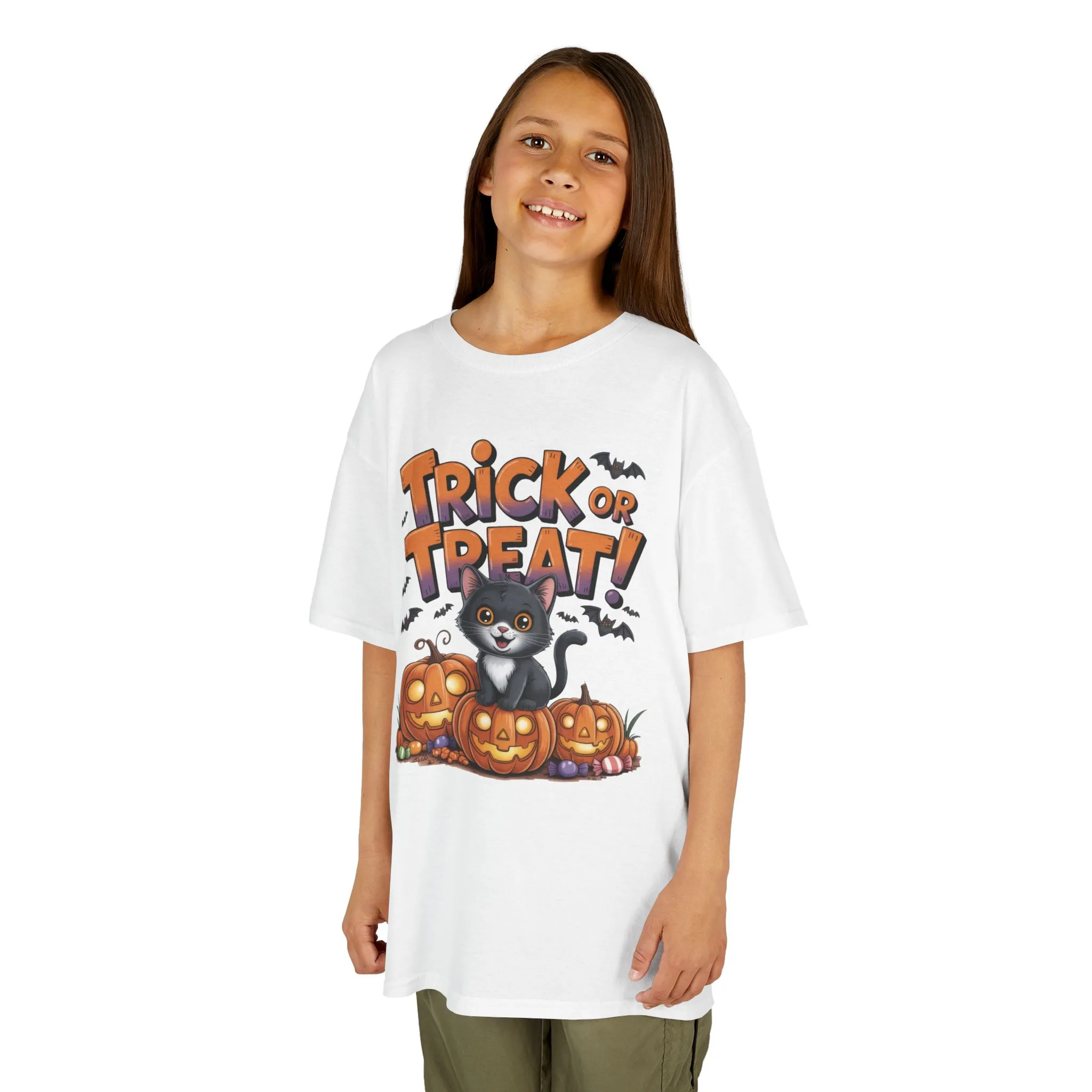 Girls Cute Black Cat Trick or Treat Halloween T-Shirt, Funny Pumpkin Cat Tee, Spooky Fall Shirt for Kids, Matching Family Halloween Shirts - Image 2