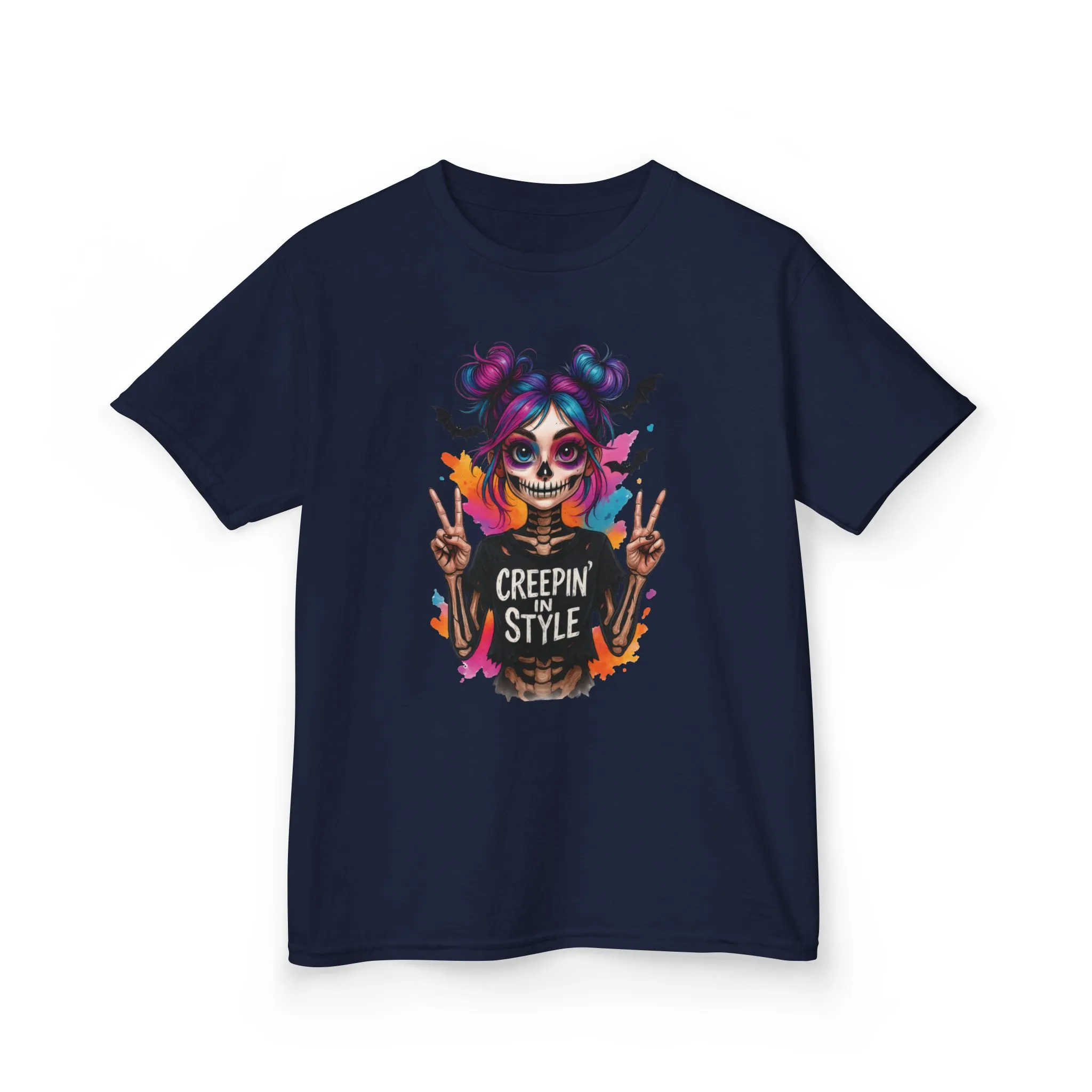 Creepin' in Style Kids Halloween T-Shirt, Colorful Skeleton Girl Design, Cute Spooky Shirt for Trendy Girls - Image 11