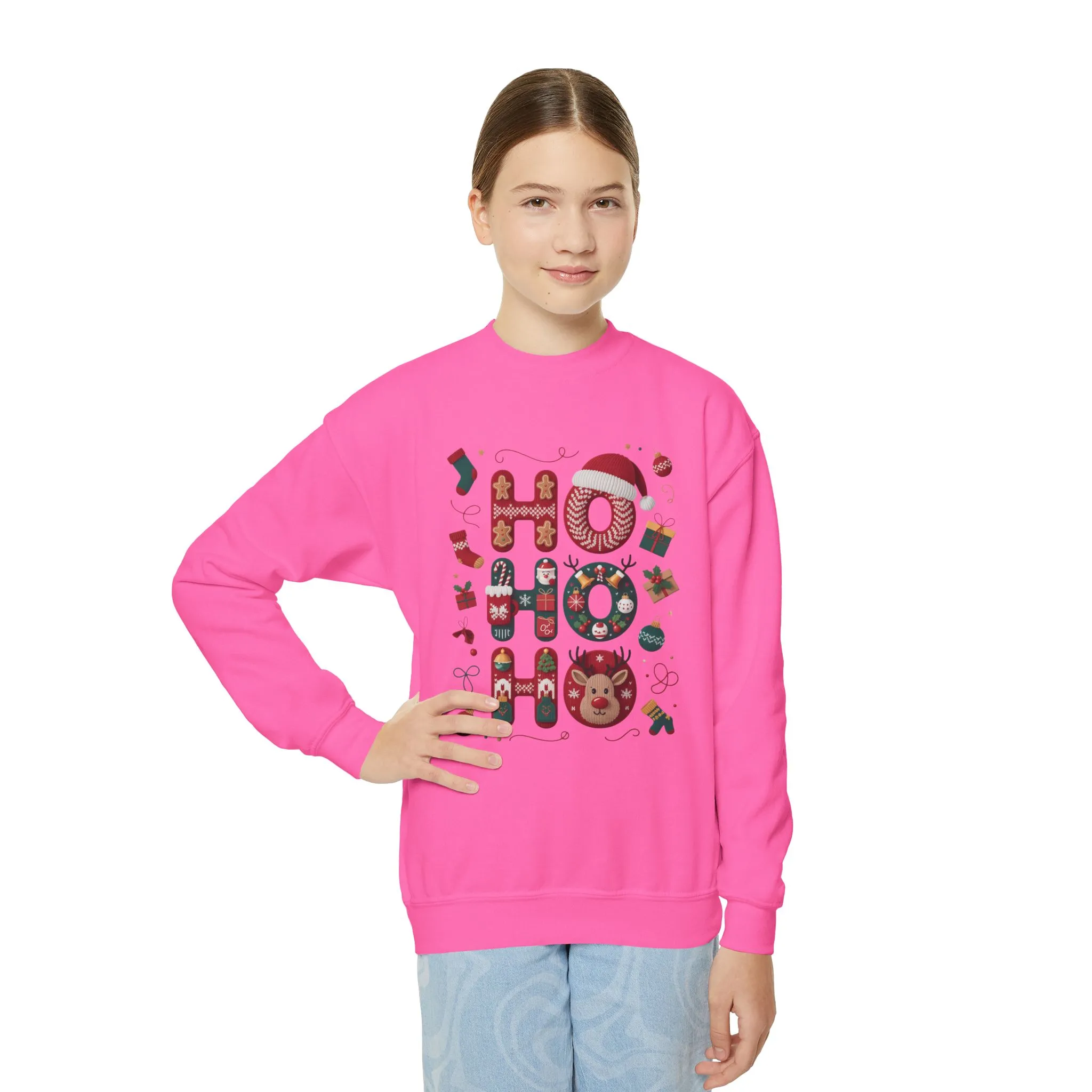 Ho Ho Ho Kids Christmas Sweatshirt, Cute Girls Holiday Outfit, Reindeer, Gingerbread - Santa Hat Design, Cozy Winter Youth Crewneck - Image 14