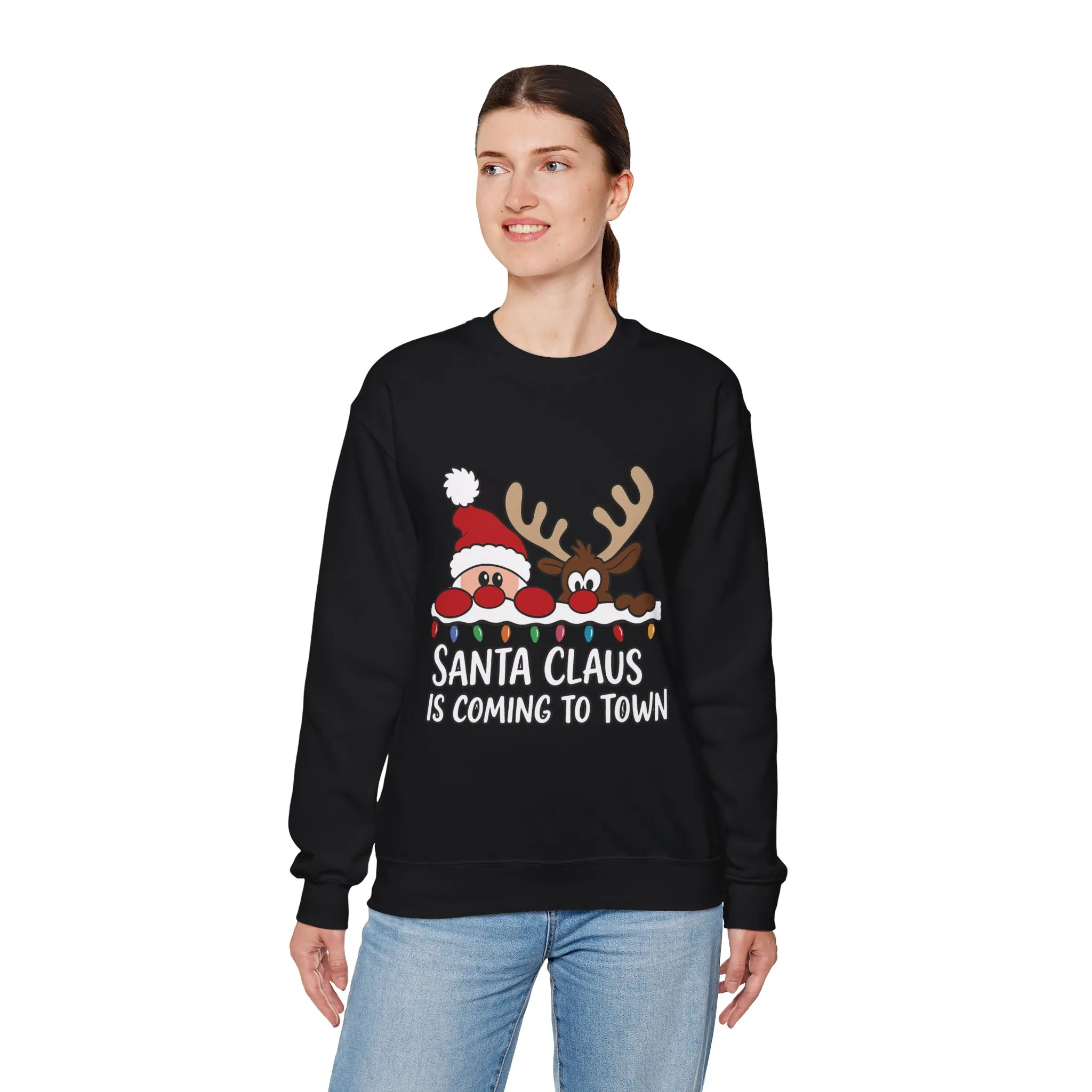Santa Claus Is Coming to Town Women's Christmas Sweatshirt, Cute Santa - Reindeer Holiday Jumper - Image 4