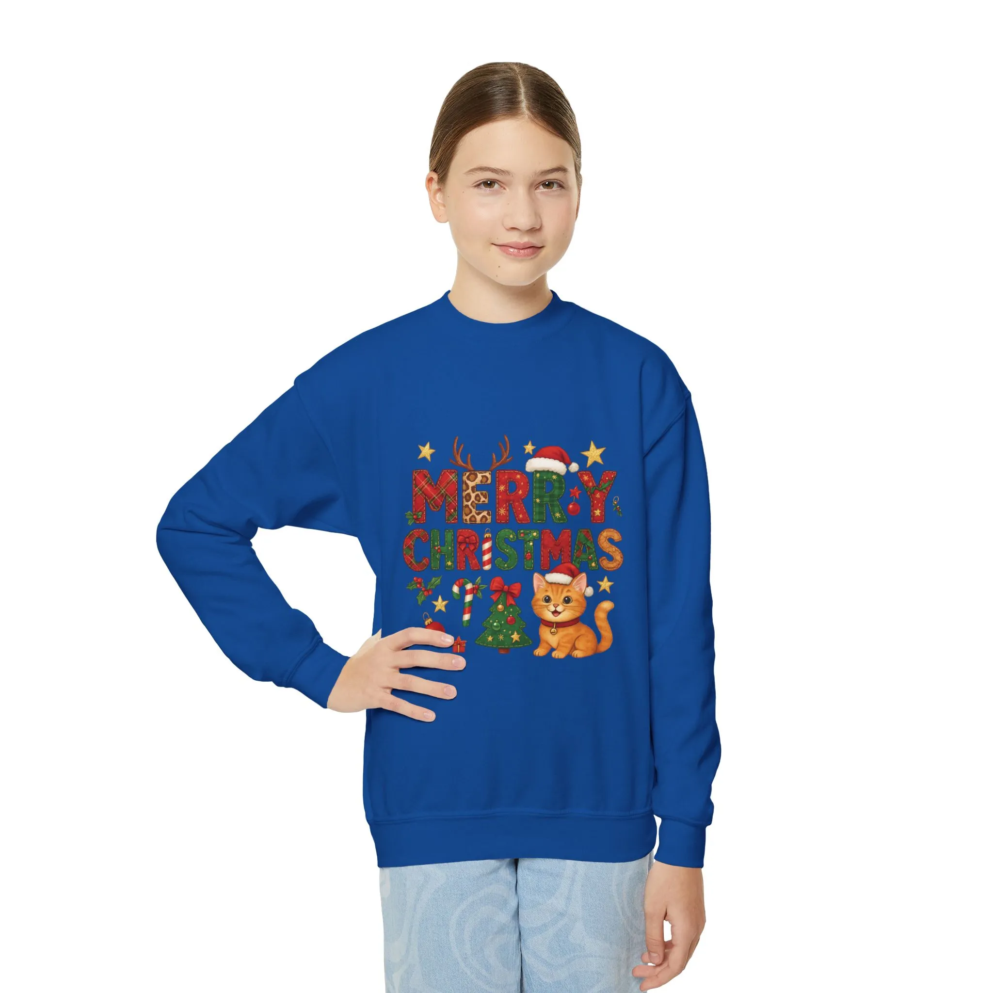 Merry Christmas Cat Sweatshirt for Girls, Cozy Holiday Kitten Jumper, Youth Crewneck Sweatshirt - Image 14
