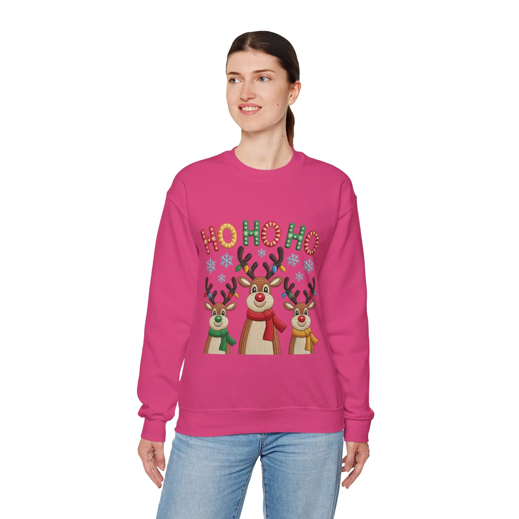 Ho Ho Ho Reindeer Christmas Sweatshirt, Cute Holiday Pullover for Women - Image 24