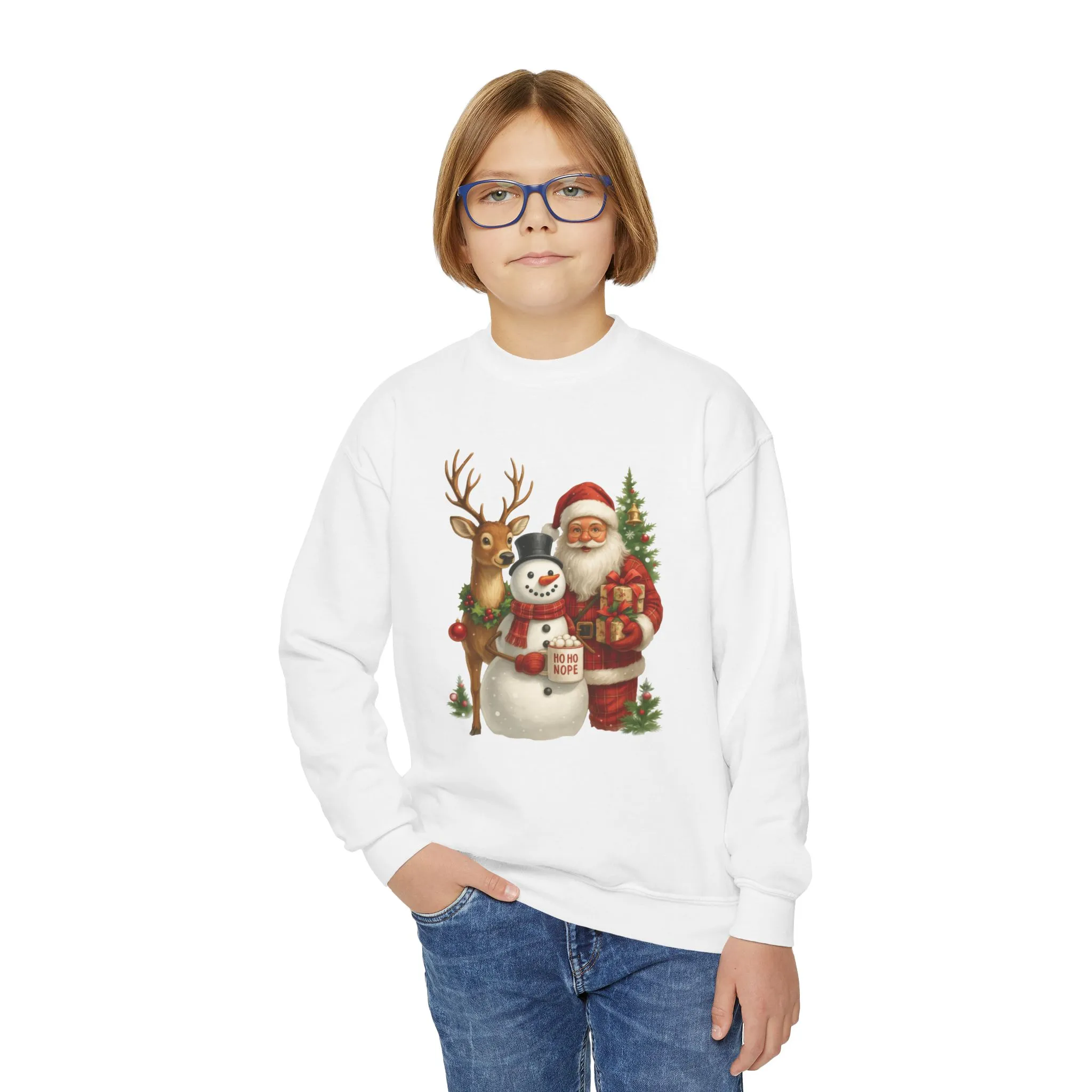 Kids Santa, Snowman - Reindeer Christmas Sweatshirt, Cute Ho Ho Nope Holiday Jumper, Funny Santa Sweater for Girls - Image 5