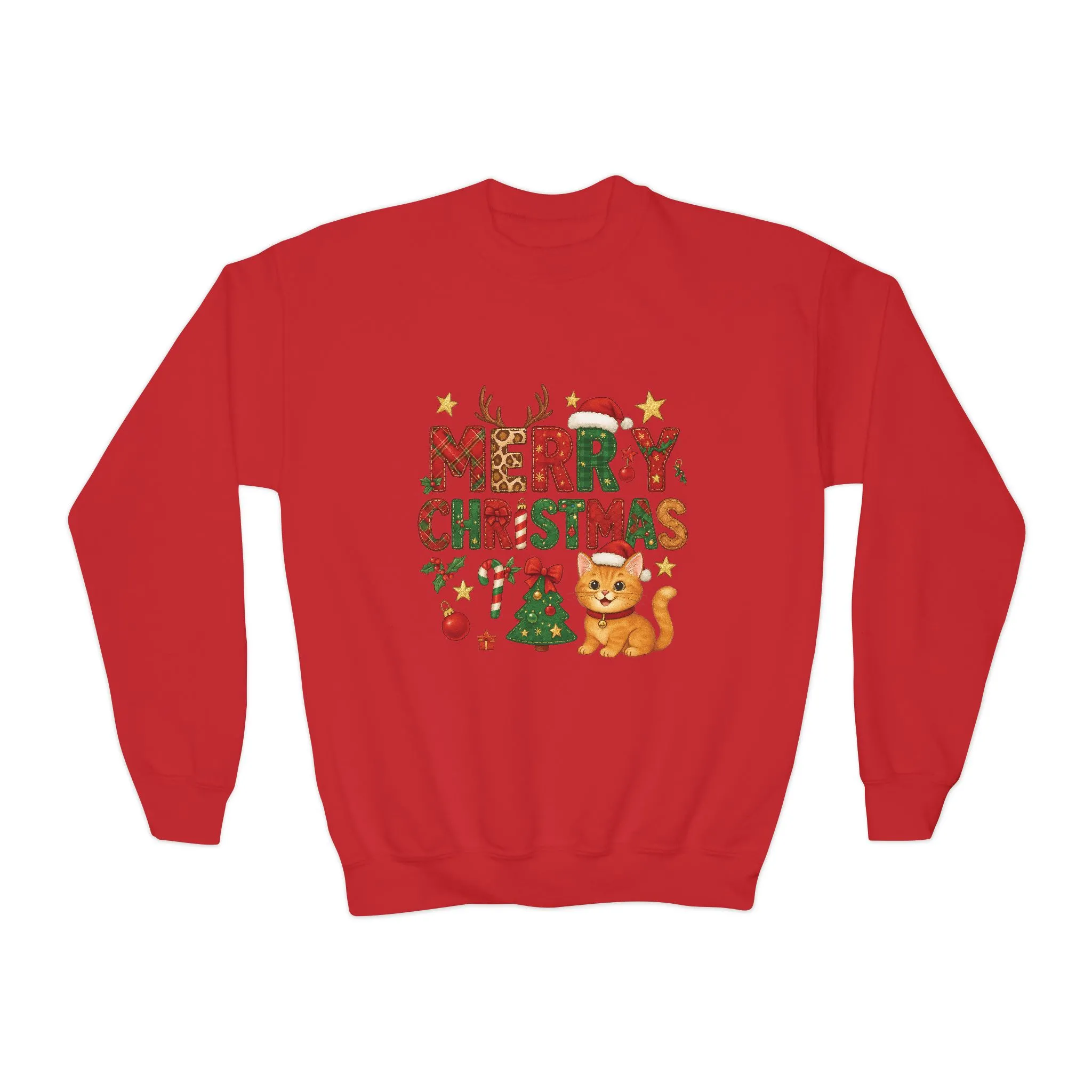 Merry Christmas Cat Sweatshirt for Girls, Cozy Holiday Kitten Jumper, Youth Crewneck Sweatshirt - Image 22