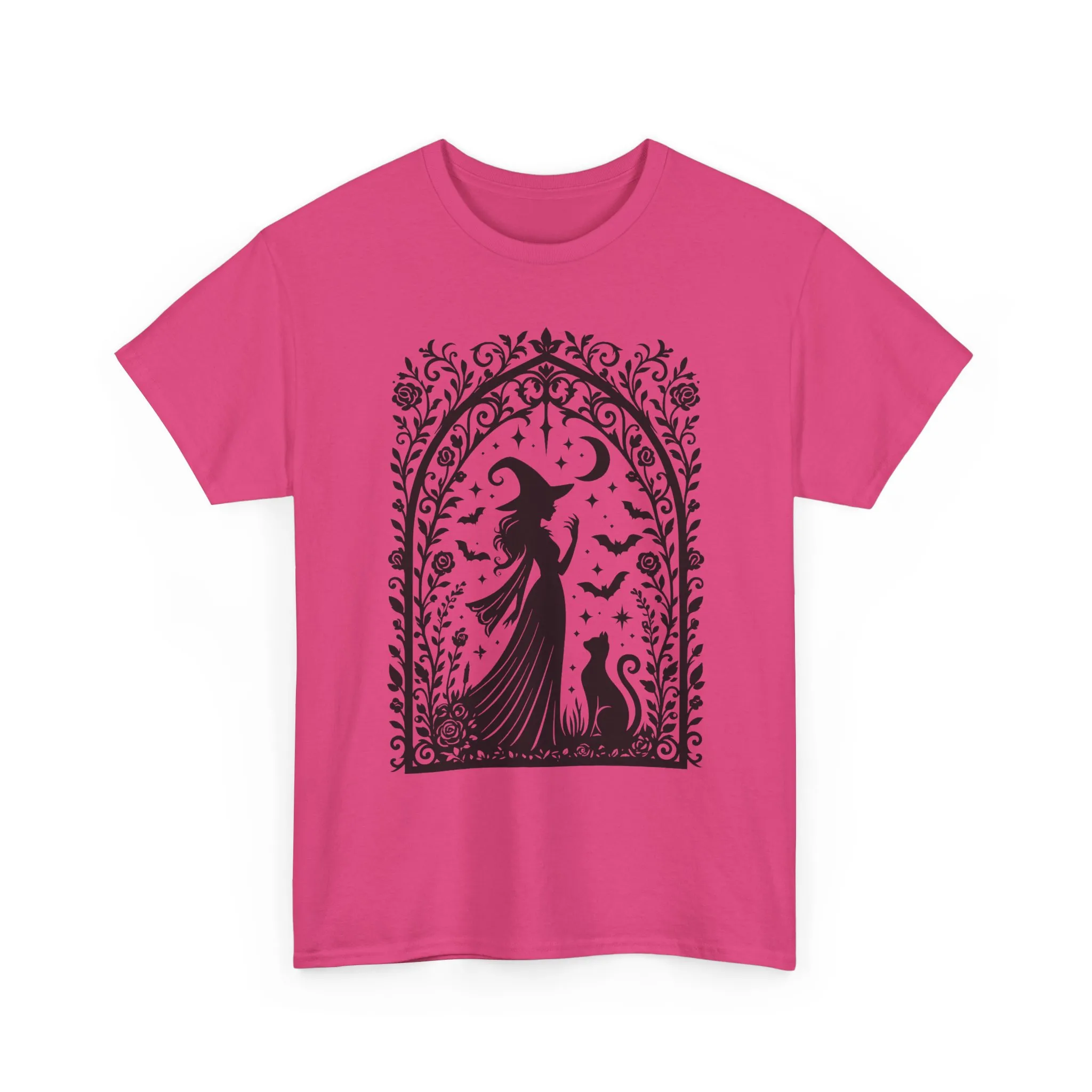 Gothic Witch & Cat Women's T-Shirt, Elegant Halloween Moon Silhouette Witchy Graphic Tee - Image 2