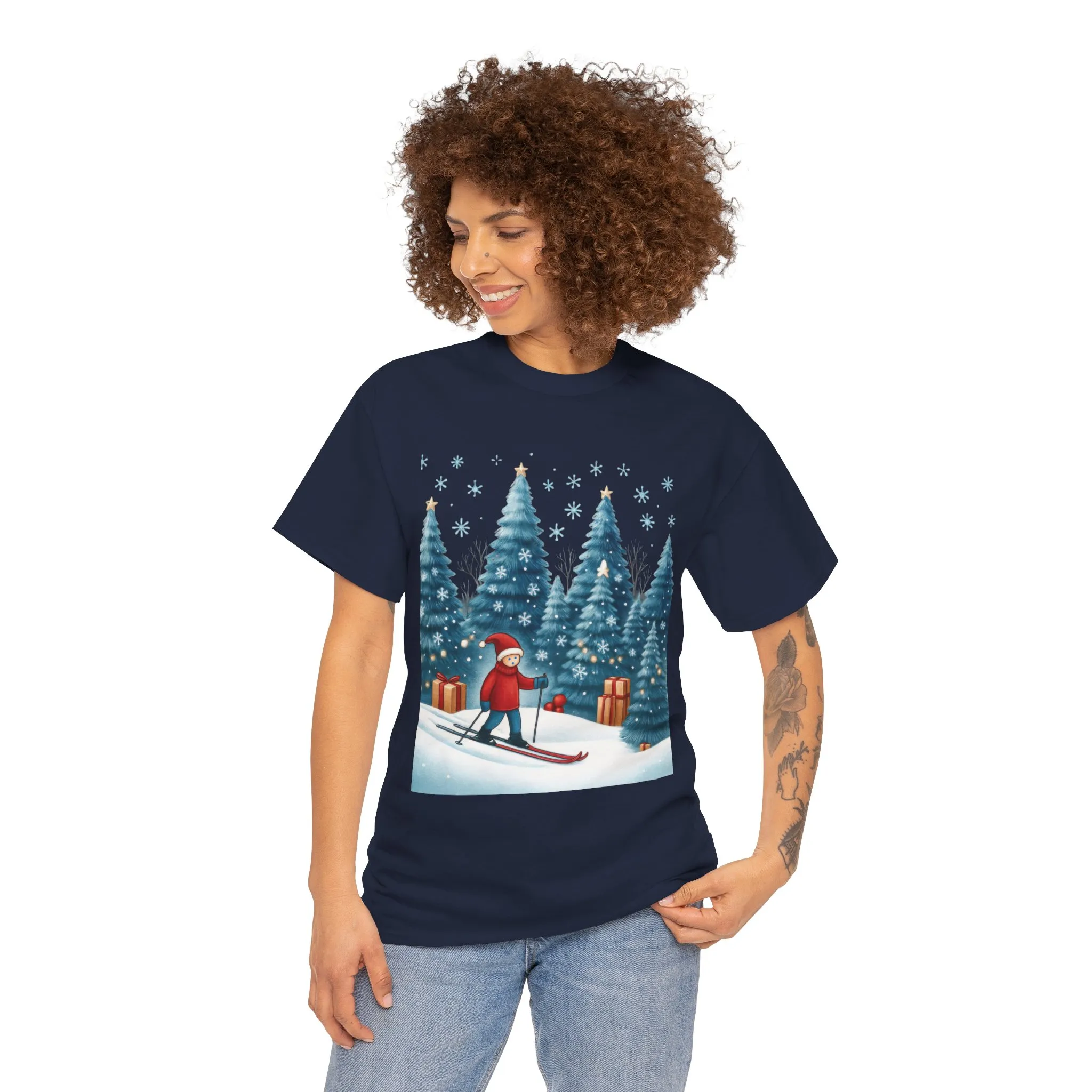 Womens Cute Winter Holiday Graphic Tee, Christmas Skiing T-Shirt, Women's Heavy Cotton Tee - Image 14