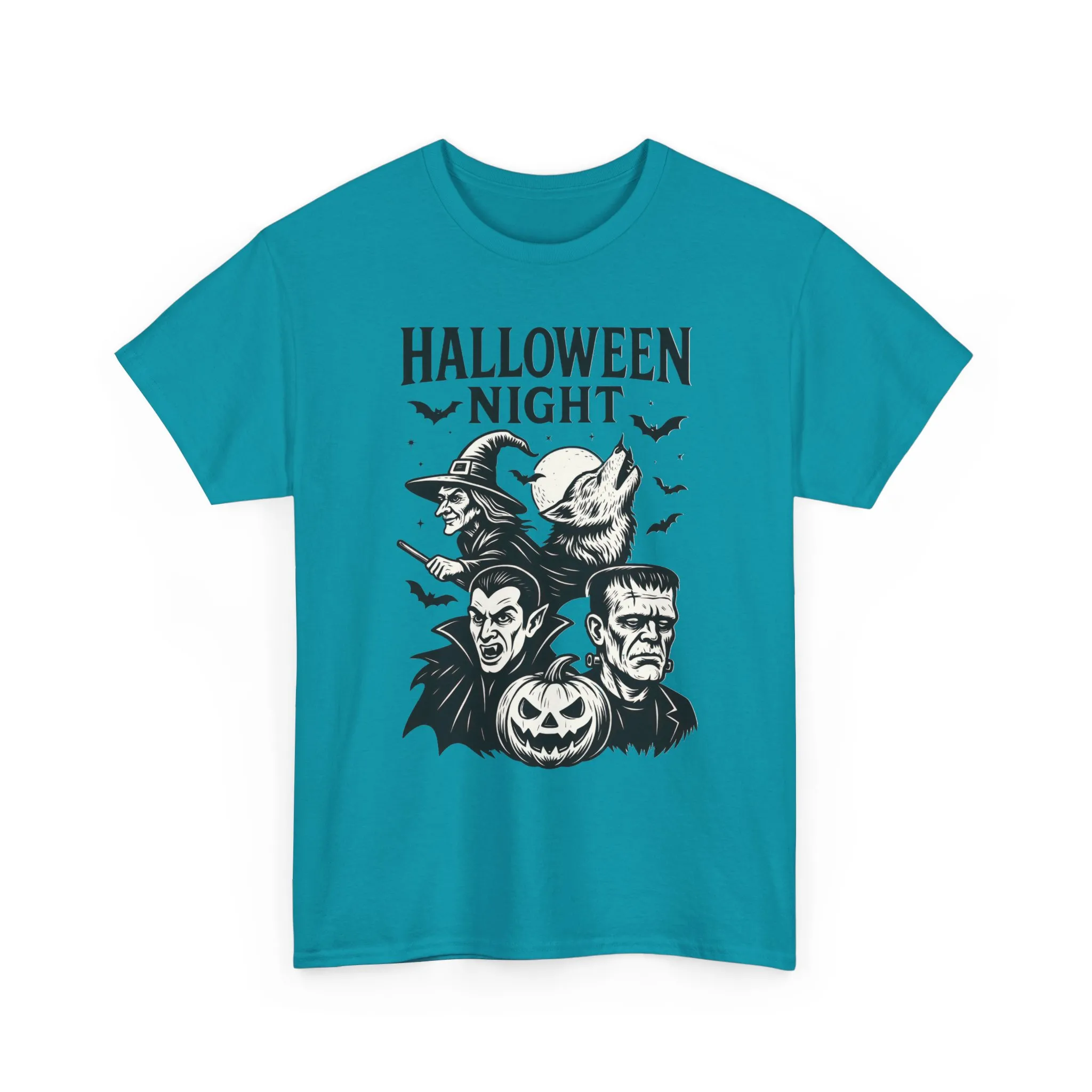 Halloween Night Men's T-Shirt, Classic Monsters Graphic Tee, Witch, Vampire, Frankenstein, Werewolf - Image 2