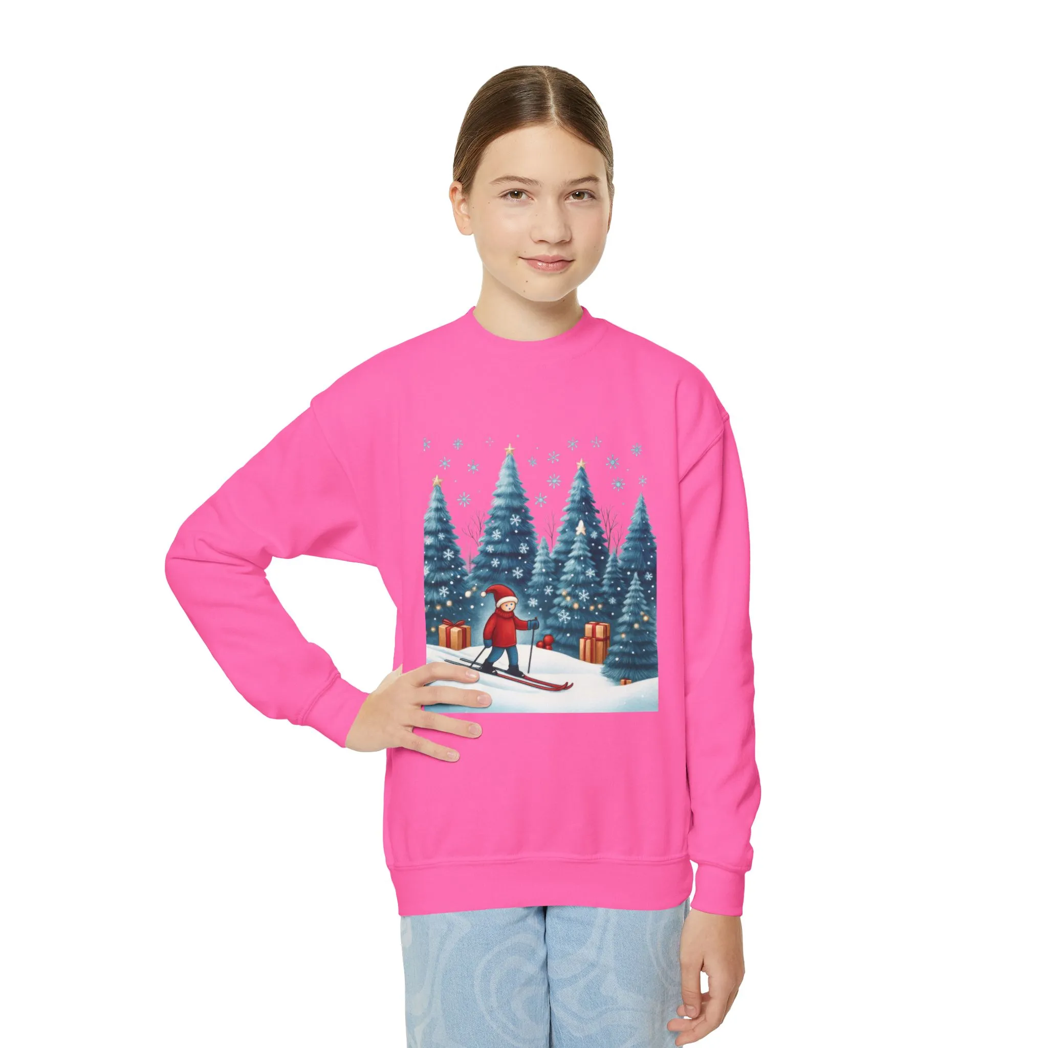 Kids Christmas Skiing Sweatshirt, Cute Holiday Winter Pullover, Youth Crewneck Sweatshirt - Image 12