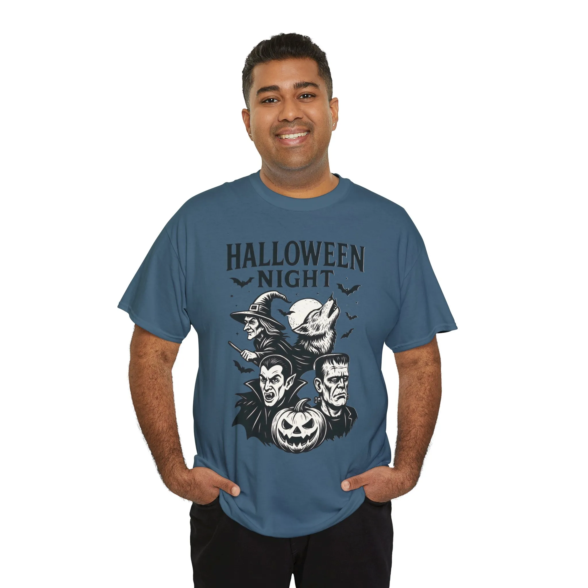 Halloween Night Men's T-Shirt, Classic Monsters Graphic Tee, Witch, Vampire, Frankenstein, Werewolf - Image 21