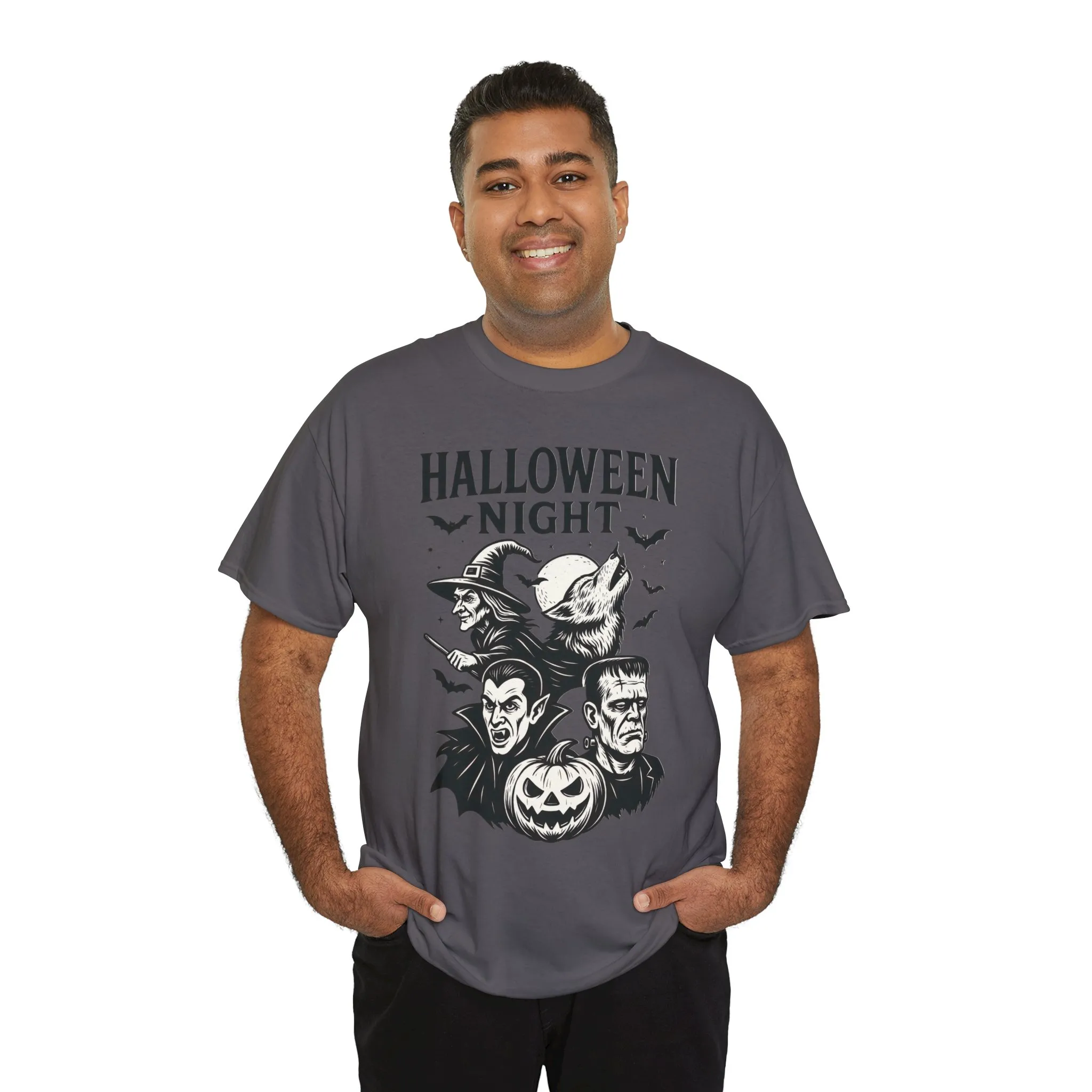 Halloween Night Men's T-Shirt, Classic Monsters Graphic Tee, Witch, Vampire, Frankenstein, Werewolf - Image 24