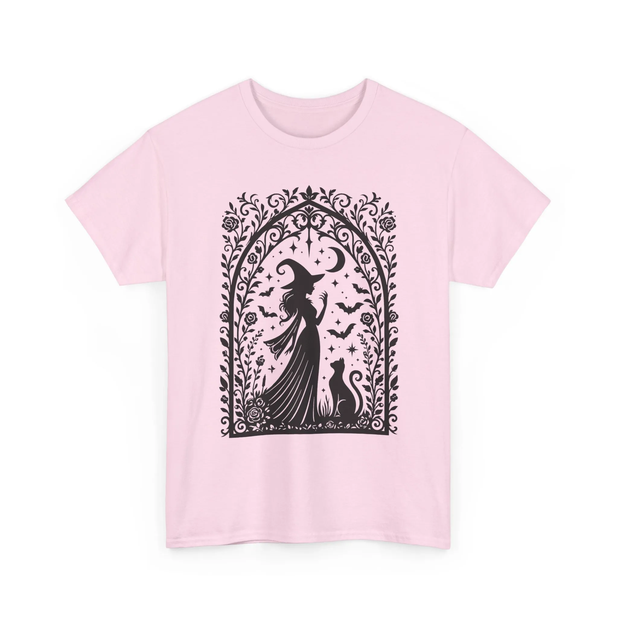 Gothic Witch & Cat Women's T-Shirt, Elegant Halloween Moon Silhouette Witchy Graphic Tee - Image 34
