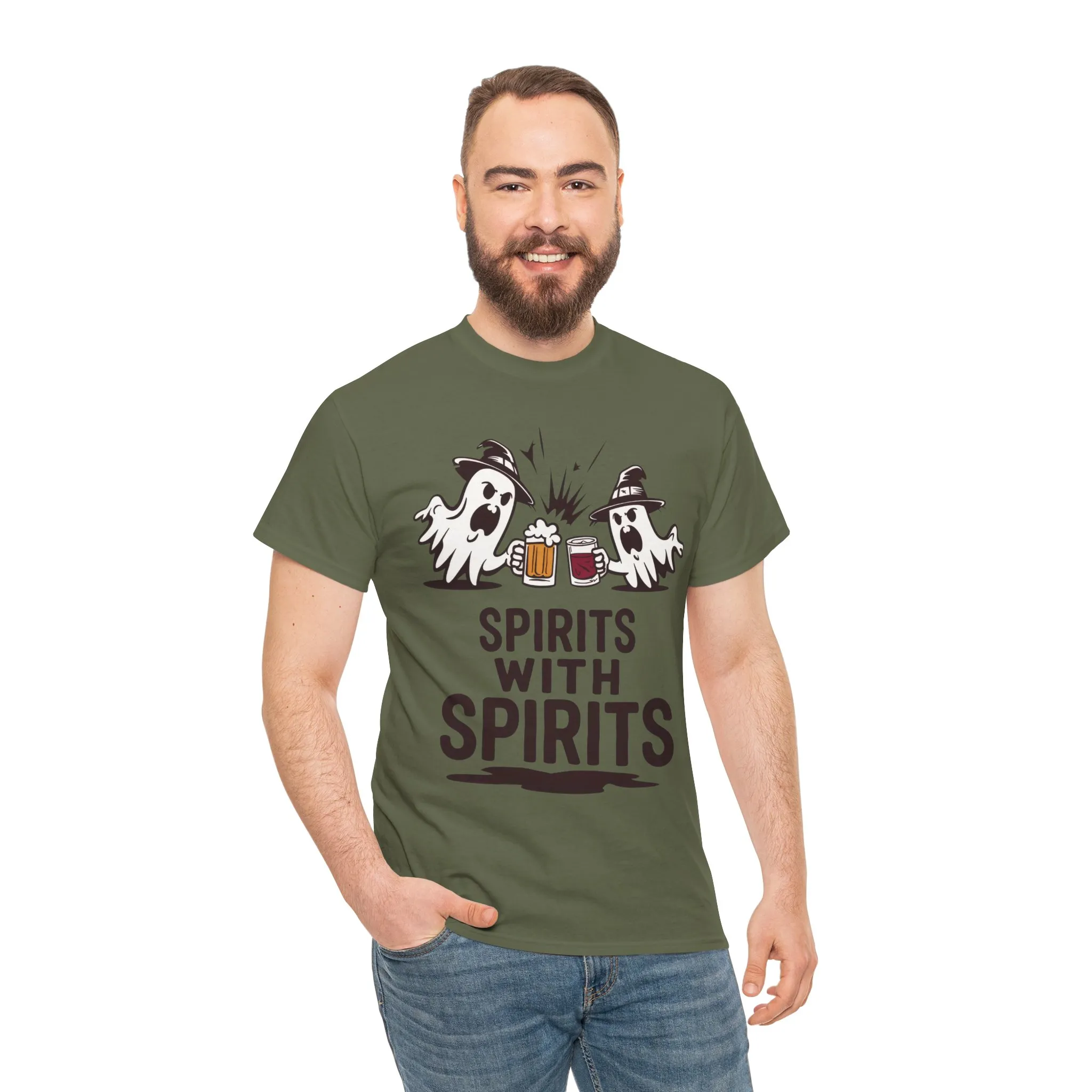 Spirits With Spirits Men's T-Shirt, Funny Ghost Drinking Halloween Party Graphic Tee - Image 8