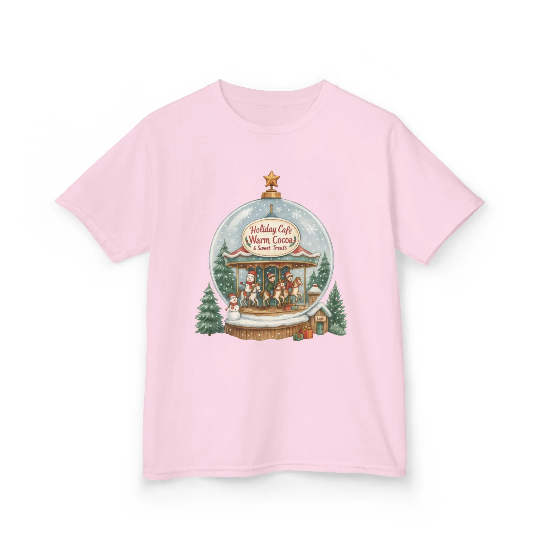 Youth Holiday Café Christmas T-Shirt, Warm Cocoa Carousel Kids Tee