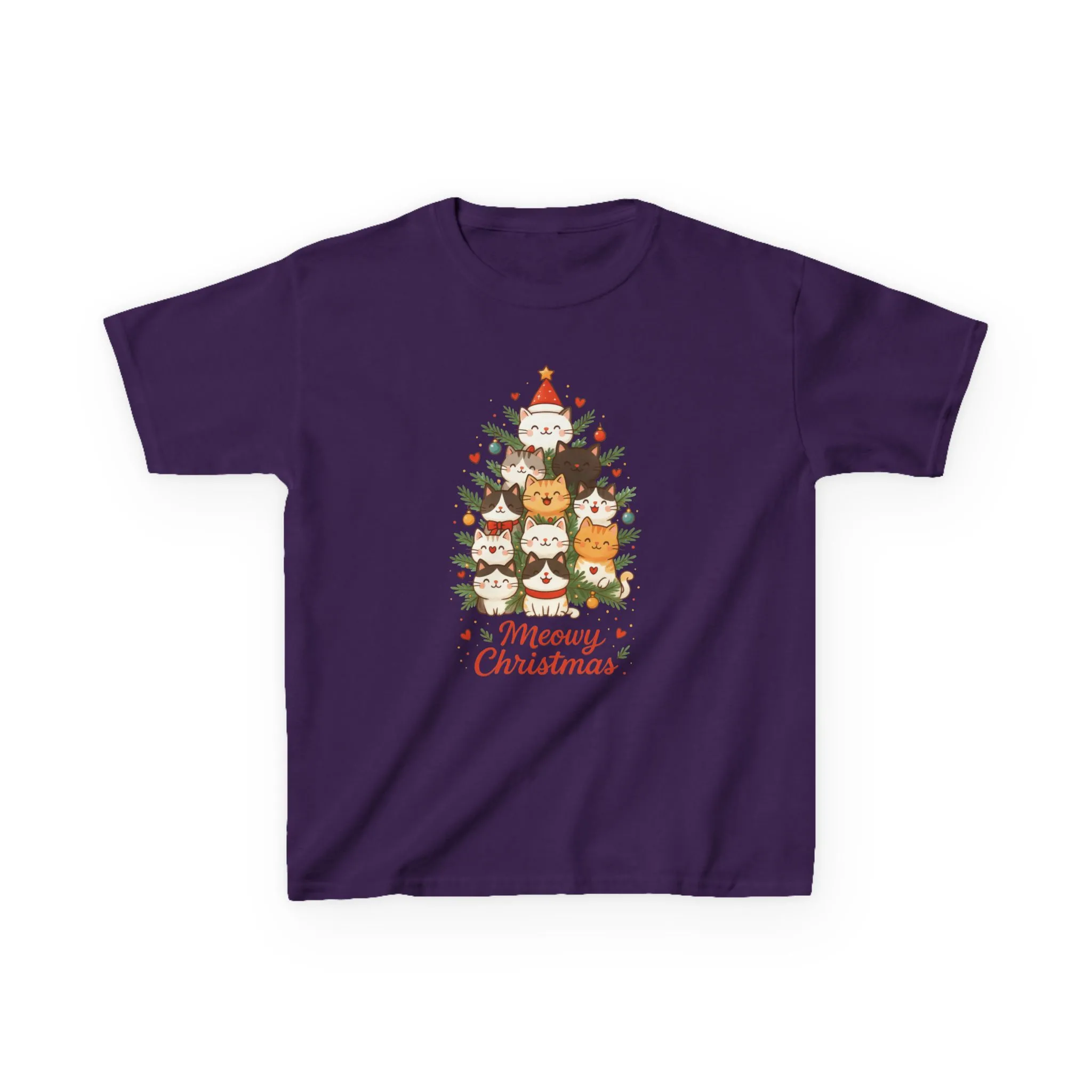 Youth Meowy Christmas Cat T-Shirt, Cute Kids Holiday Kitty Tee - Image 13