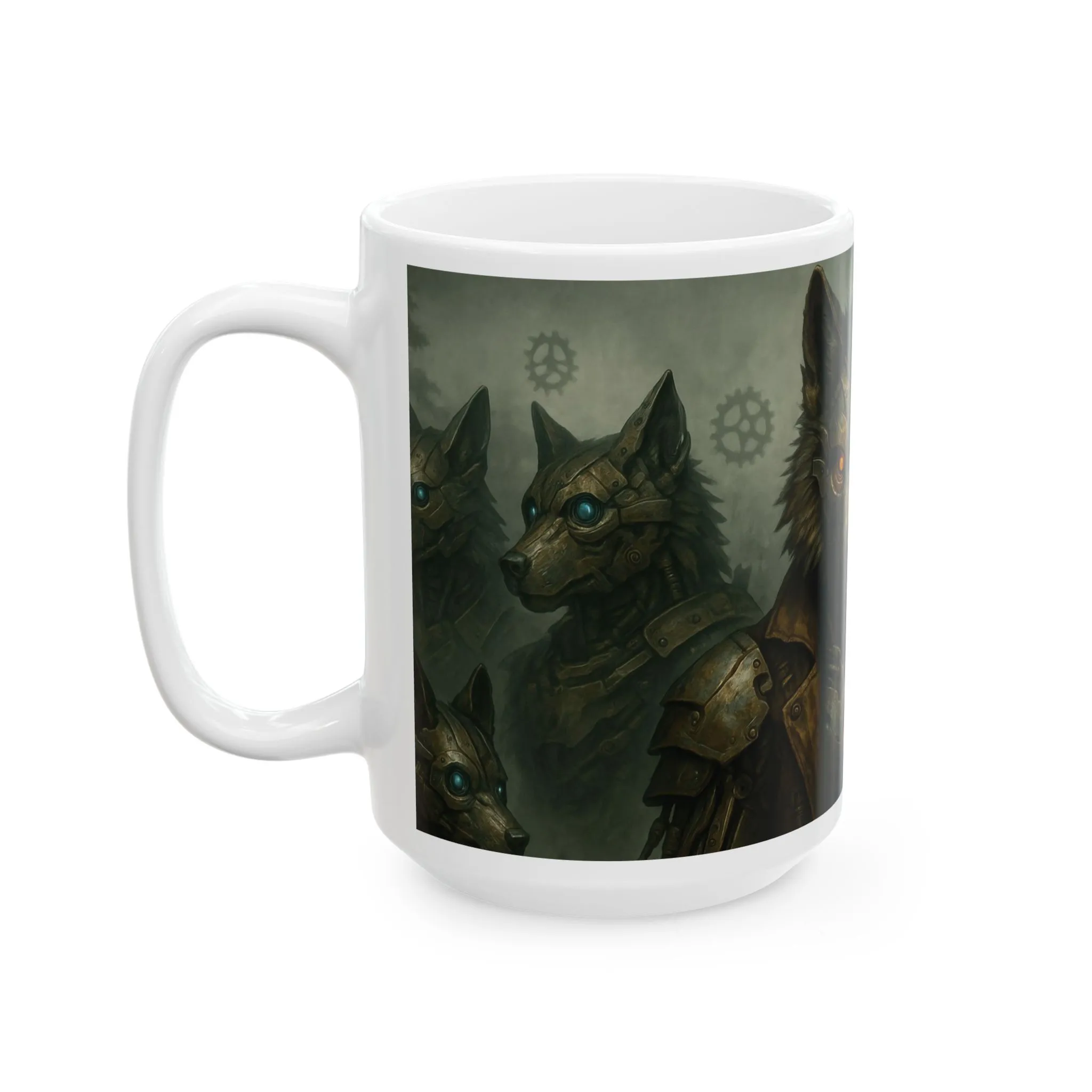 Mug (15oz),Steampunk Wolf Mug, Mechanical Cyber Wolf Coffee Cup, Industrial Fantasy Gear Art Gift, Futuristic Animal Design for Him - Image 3