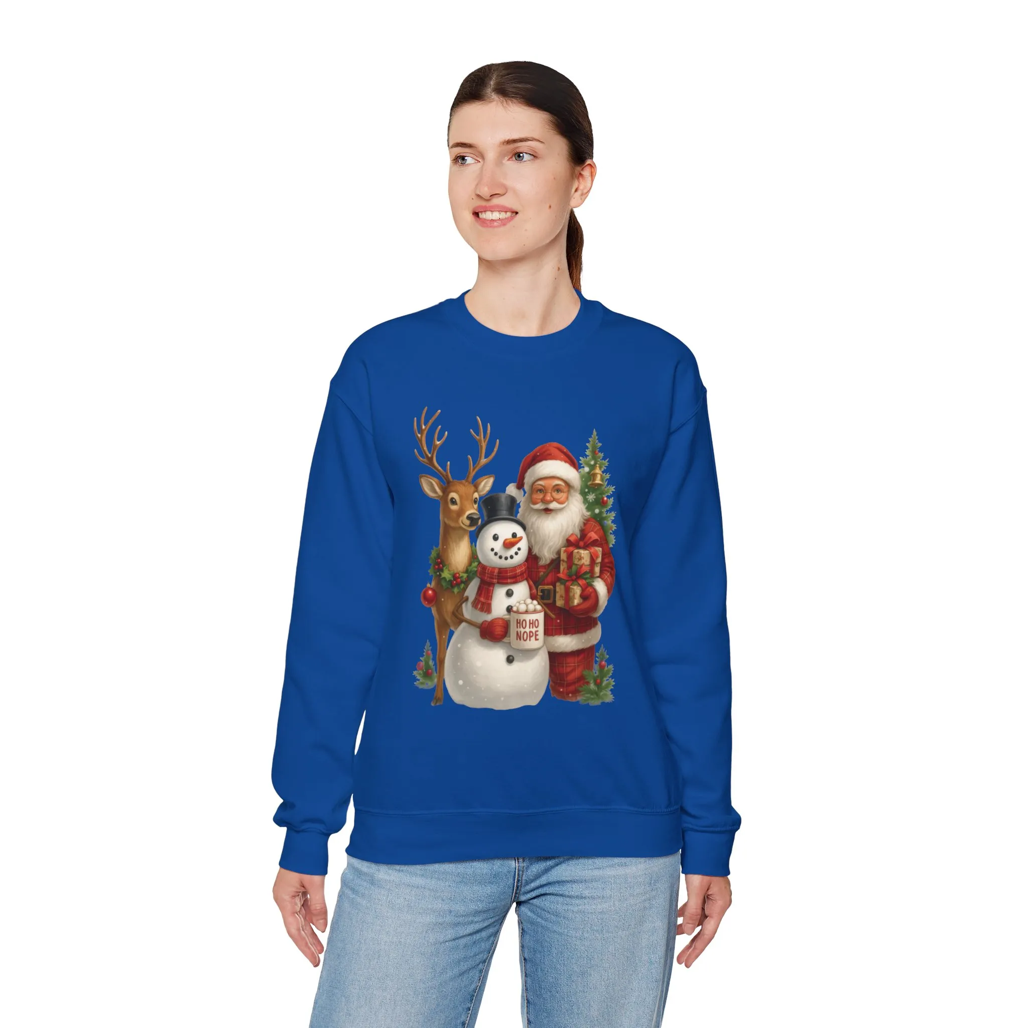 Santa, Snowman - Reindeer Christmas Sweatshirt, Funny Ho Ho Nope Holiday Sweater, Cute Vintage Christmas Jumper for Women