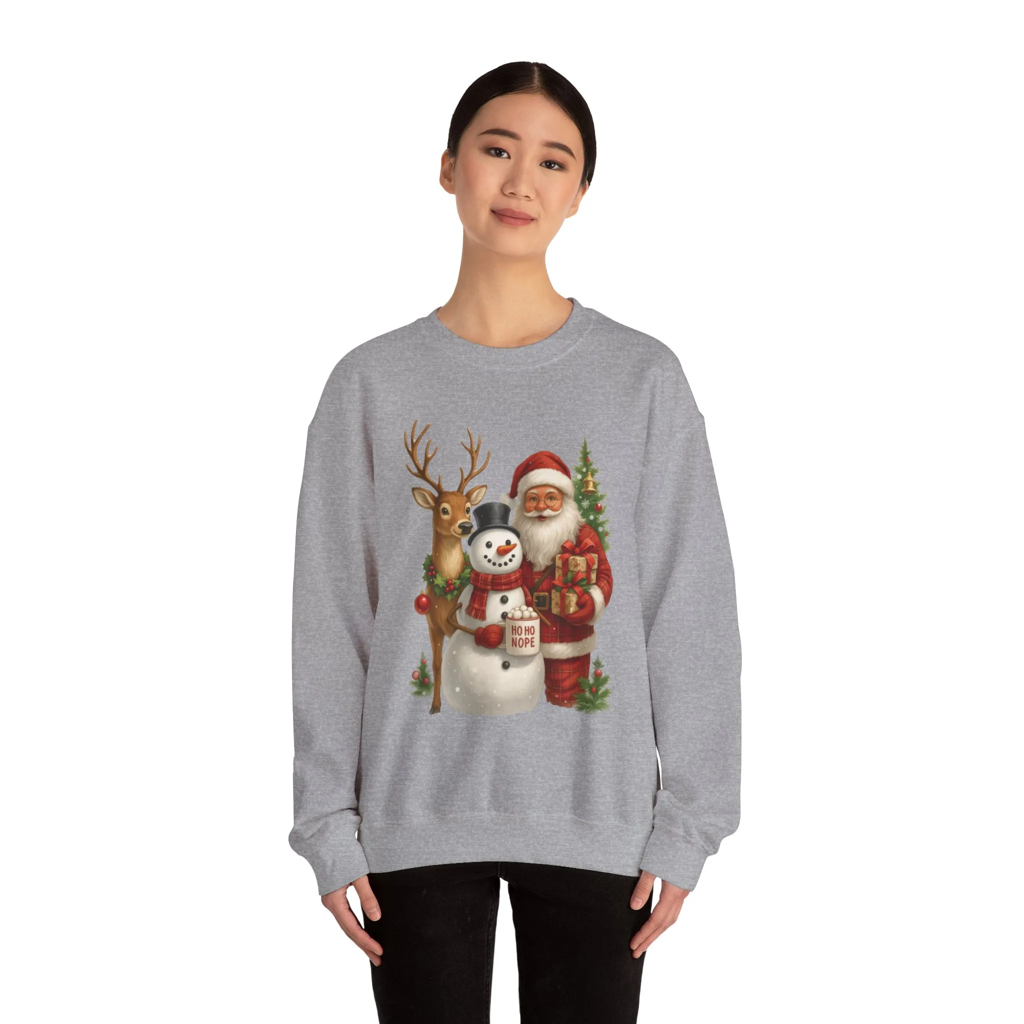 Santa, Snowman - Reindeer Christmas Sweatshirt, Funny Ho Ho Nope Holiday Sweater, Cute Vintage Christmas Jumper for Women - Image 11