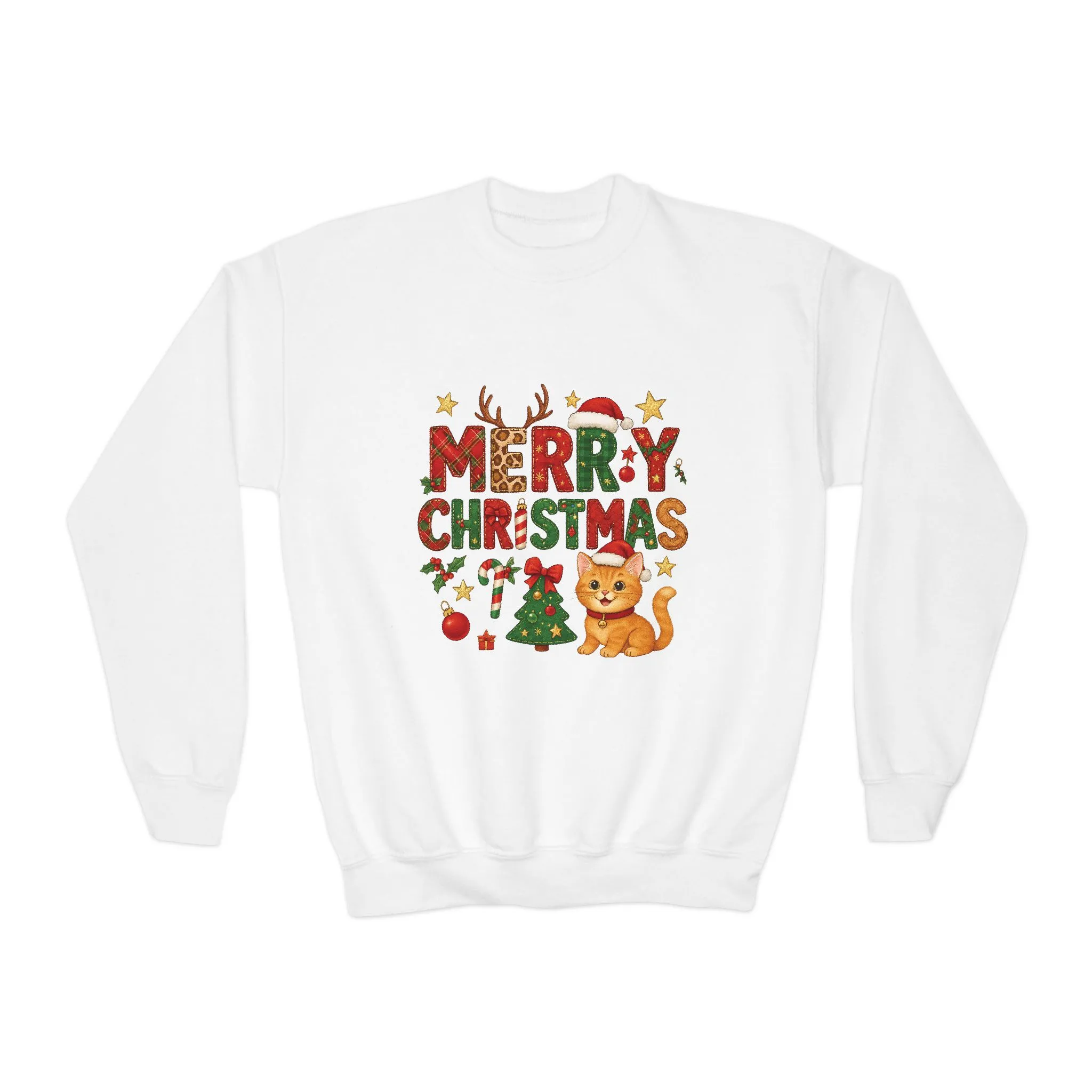 Merry Christmas Cat Sweatshirt for Girls, Cozy Holiday Kitten Jumper, Youth Crewneck Sweatshirt - Image 2