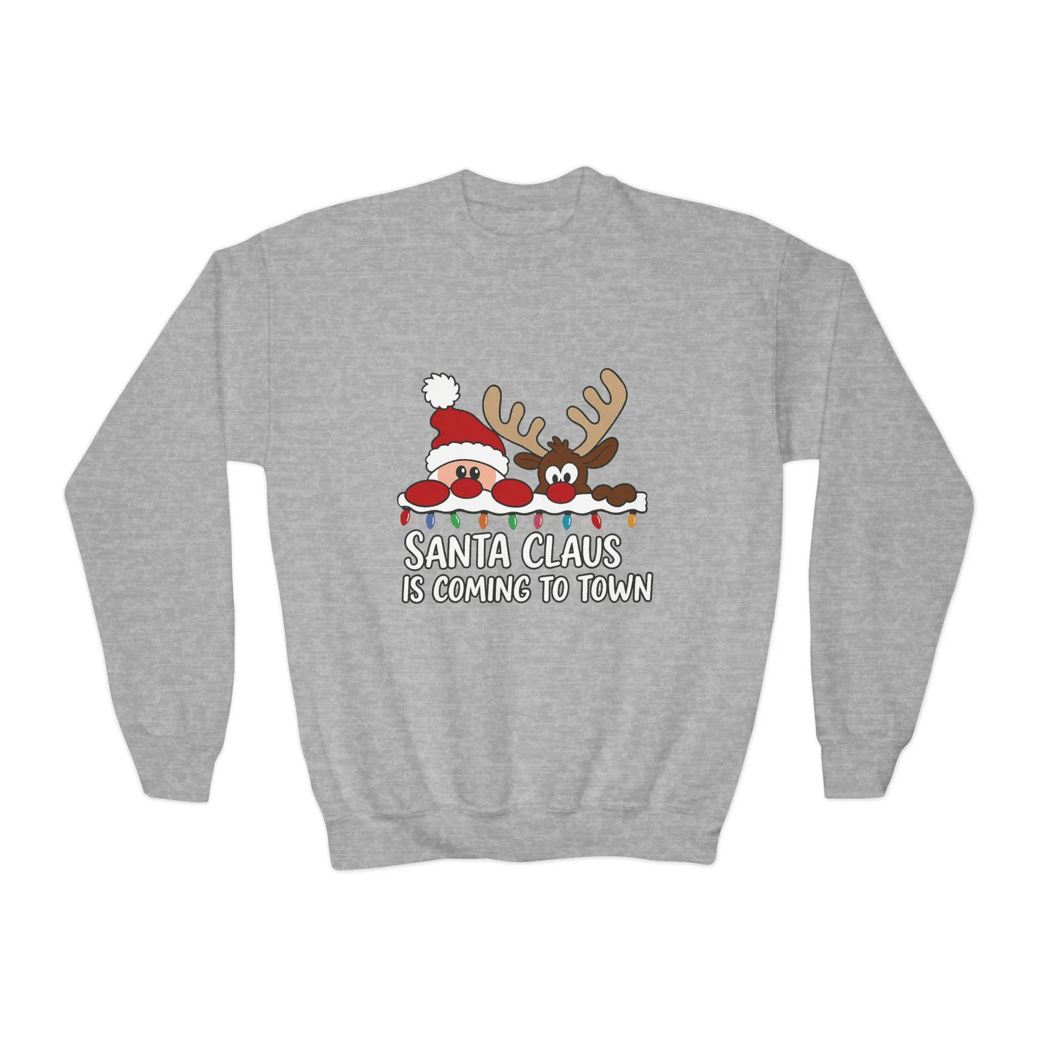 Santa Claus Is Coming to Town Kids Christmas Sweatshirt, Cute Santa - Reindeer Holiday Jumper - Image 7