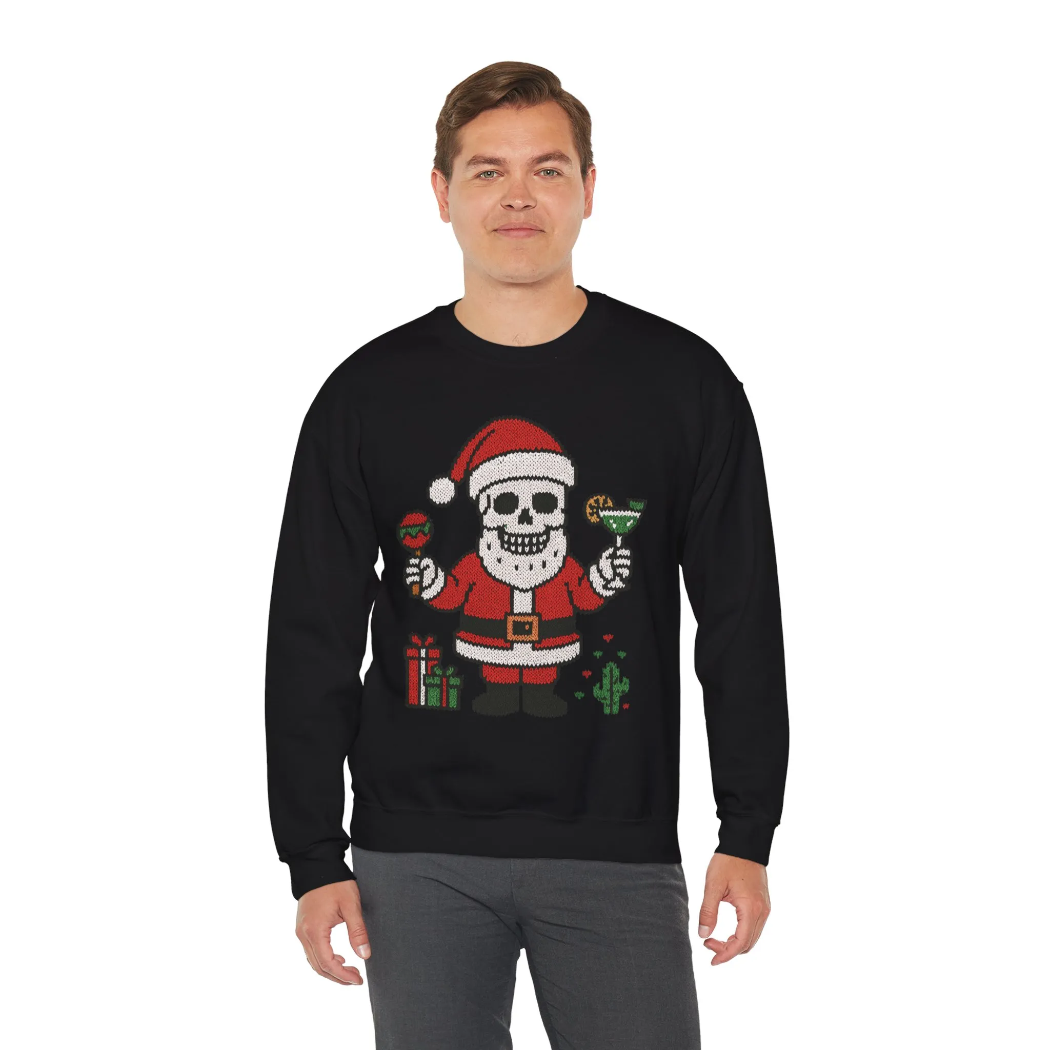 Funny Santa Skull Christmas Men's Sweatshirt, Holiday Margarita Pullover - Image 6
