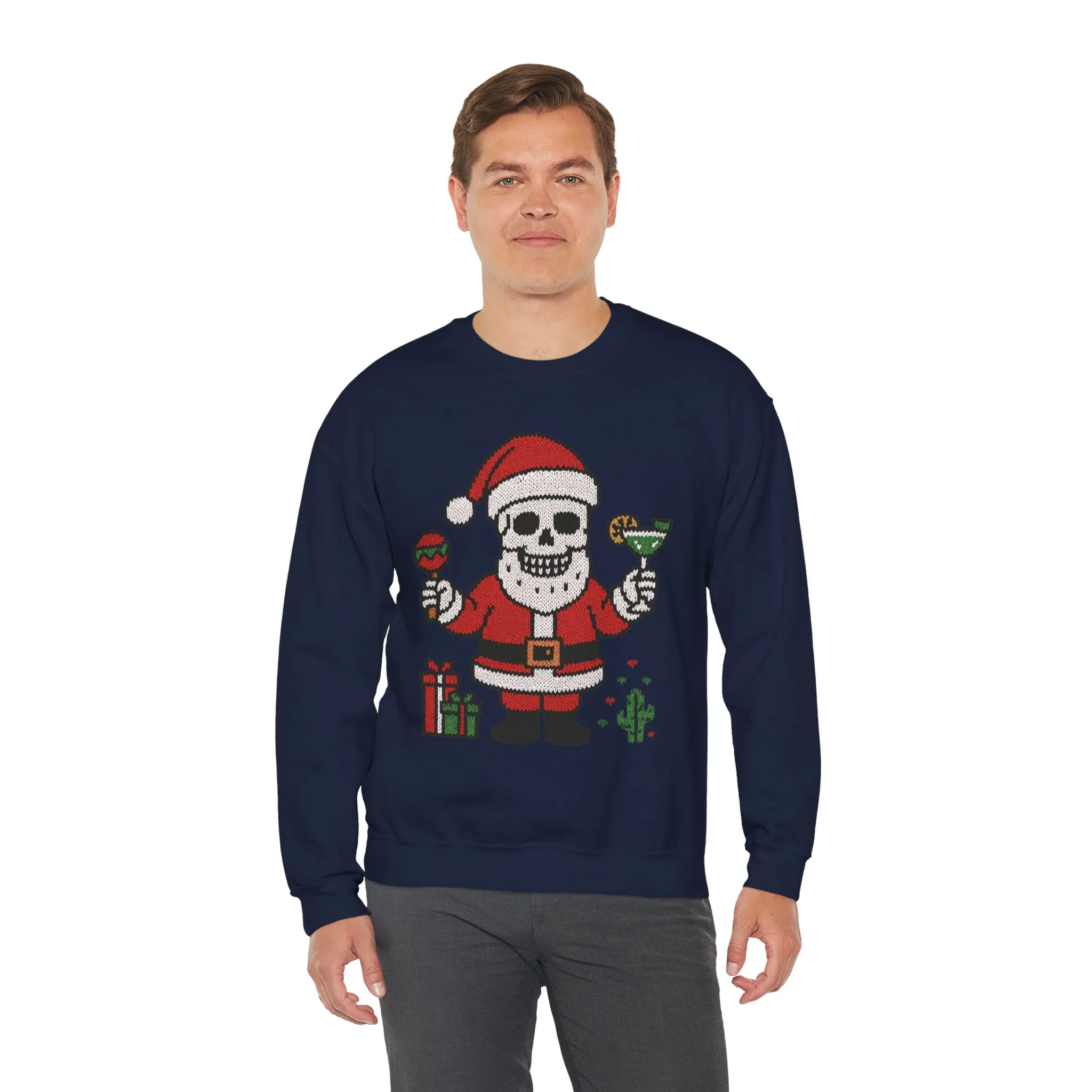 Funny Santa Skull Christmas Men's Sweatshirt, Holiday Margarita Pullover - Image 24