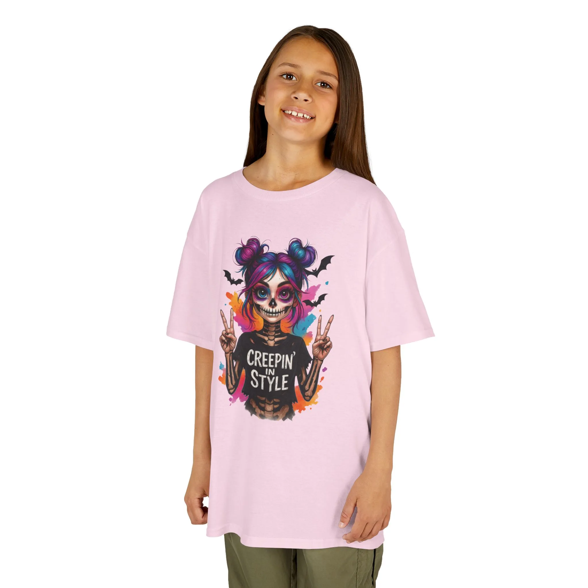 Creepin' in Style Kids Halloween T-Shirt, Colorful Skeleton Girl Design, Cute Spooky Shirt for Trendy Girls - Image 16