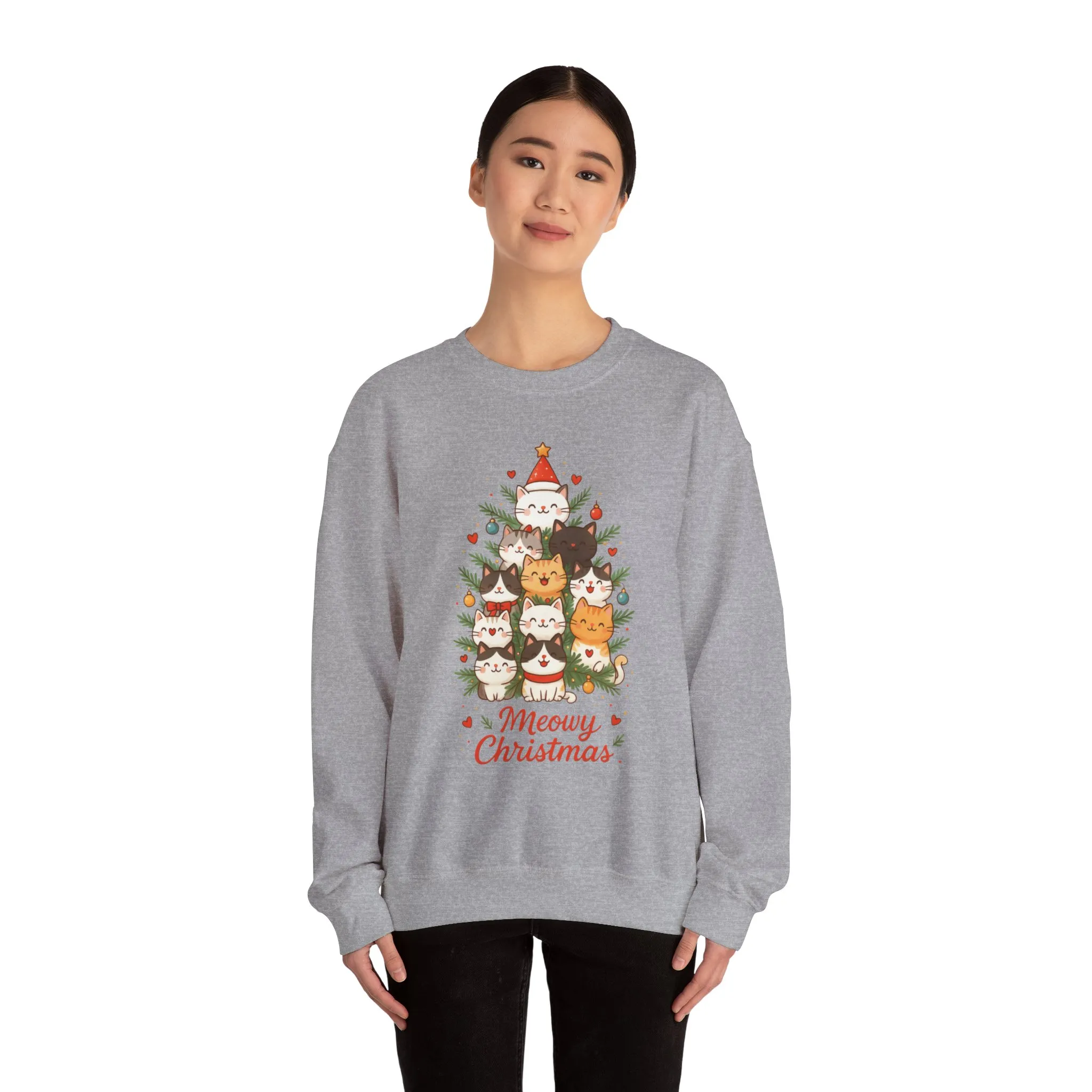 Women's Meowy Christmas Cat Sweatshirt, Cute Holiday Kitty Pullover - Image 5