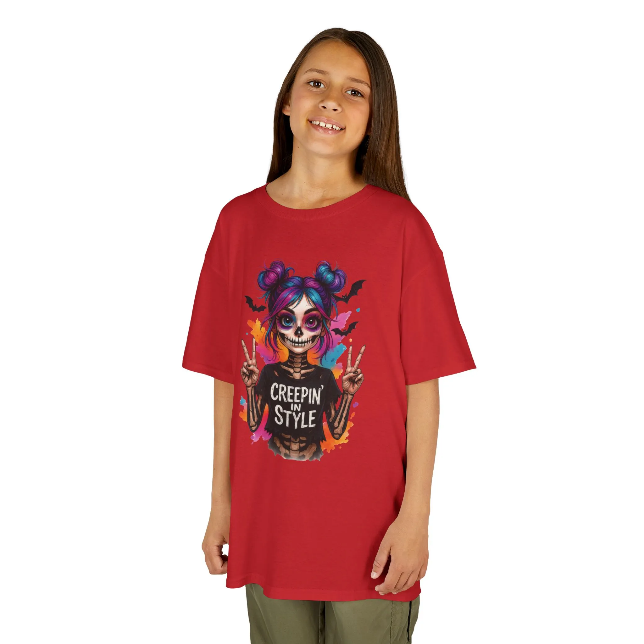 Creepin' in Style Kids Halloween T-Shirt, Colorful Skeleton Girl Design, Cute Spooky Shirt for Trendy Girls - Image 18